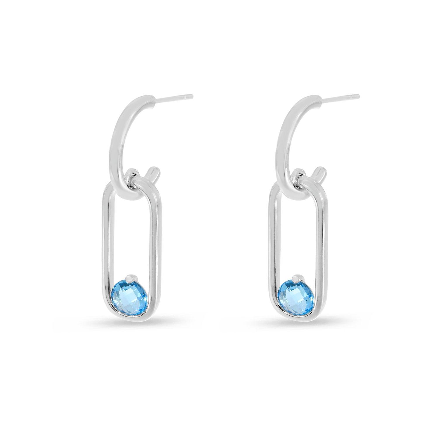 14K White Gold Round Blue Topaz  Elongated Link Post Earrings