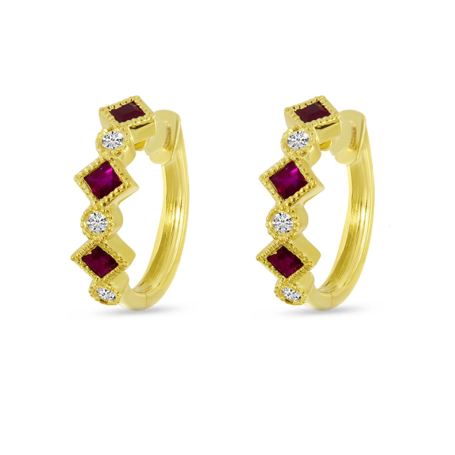 14K Yellow Gold Princess Ruby and Diamond Millgrain Huggie Earrings