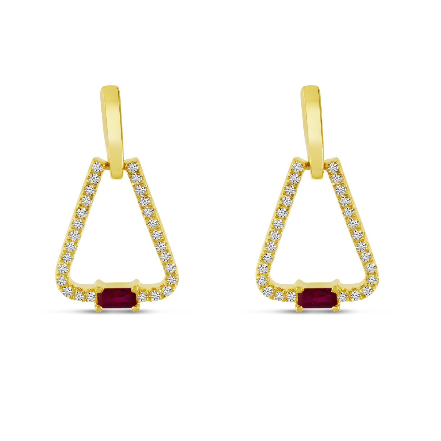 14K Yellow Gold Ruby and Diamond Triangle Earrings