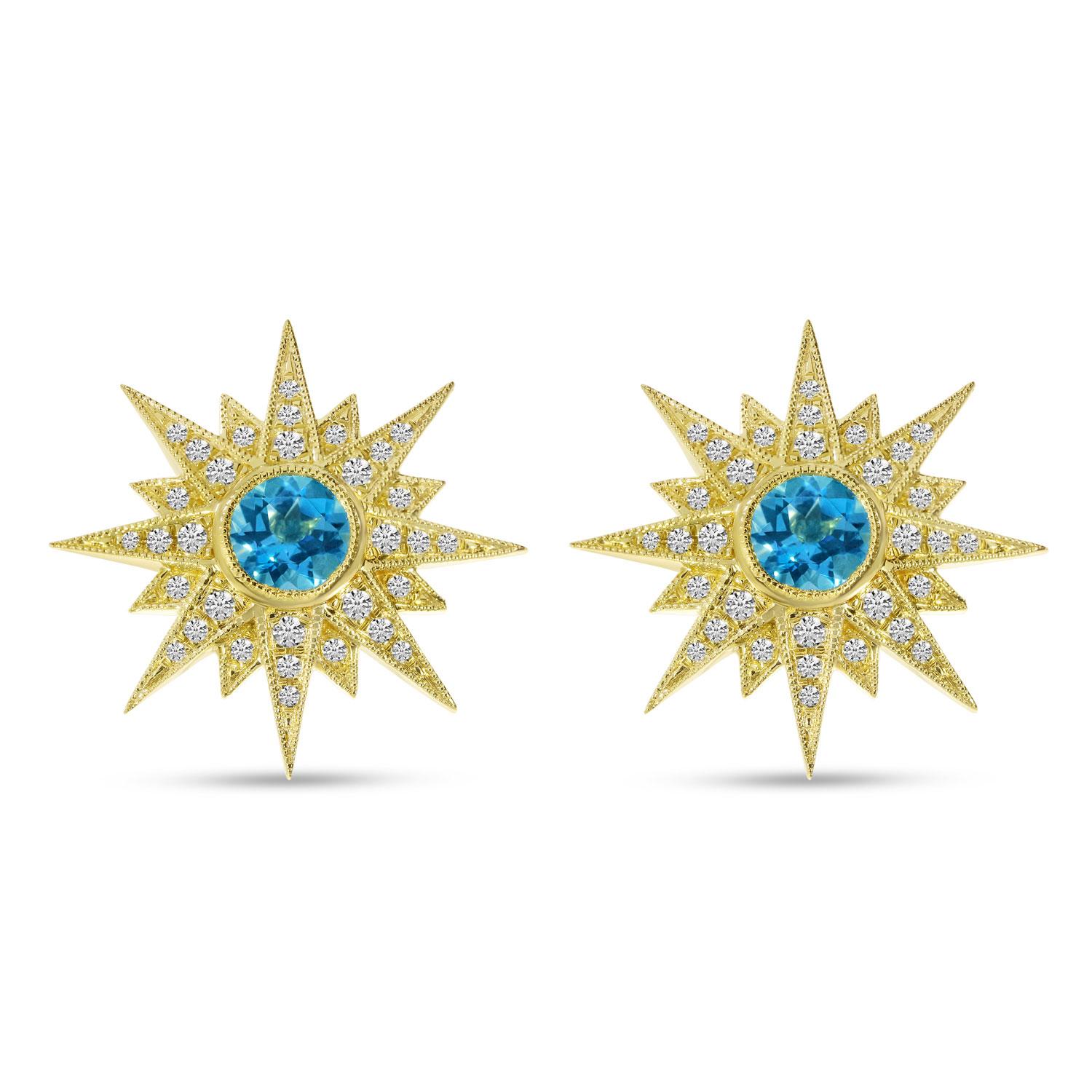 14K Yellow Gold Starburst Blue Topaz and Diamond Semi Precious Earrings