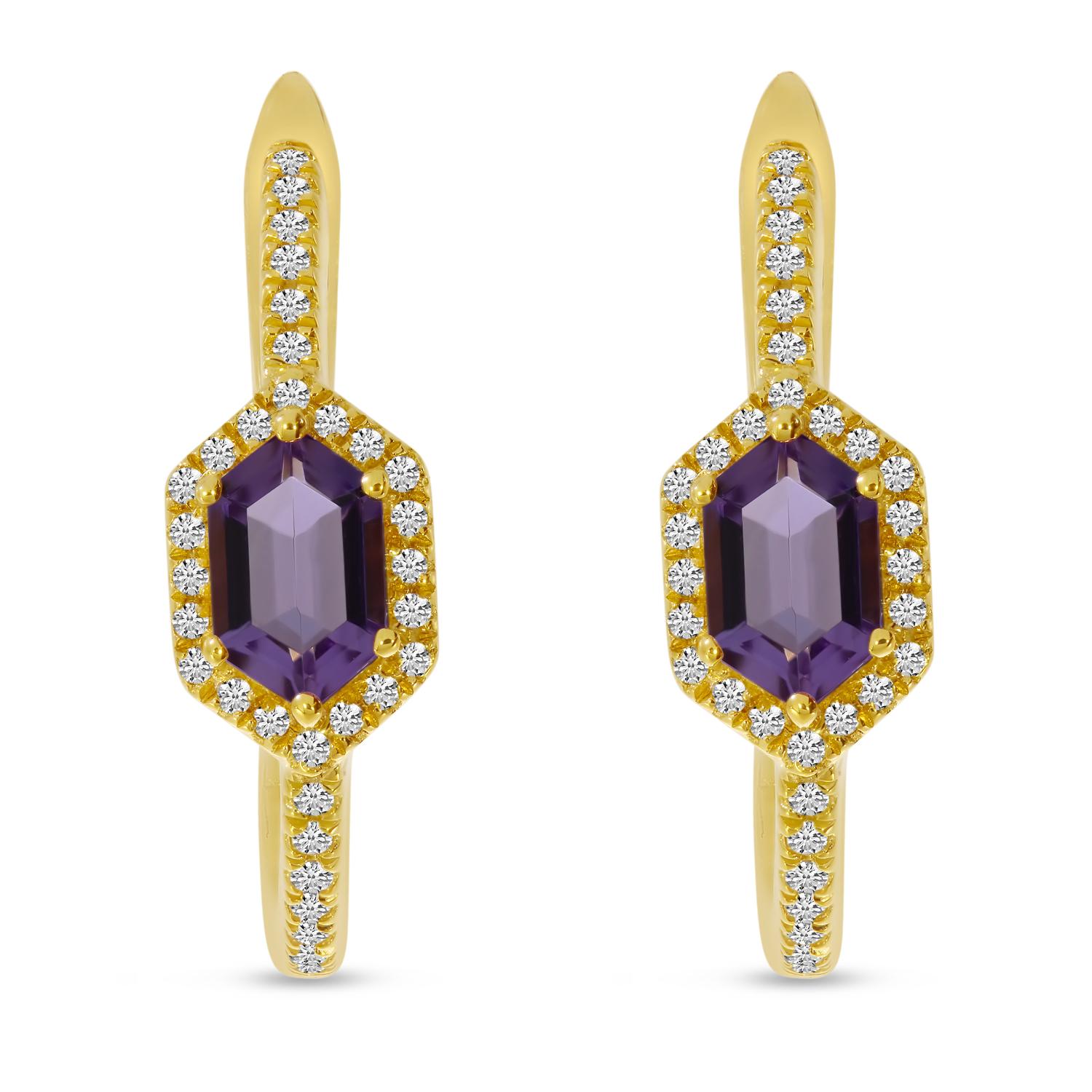 14K Yellow Gold Amethyst and Diamond Hexagon Halo Hoops