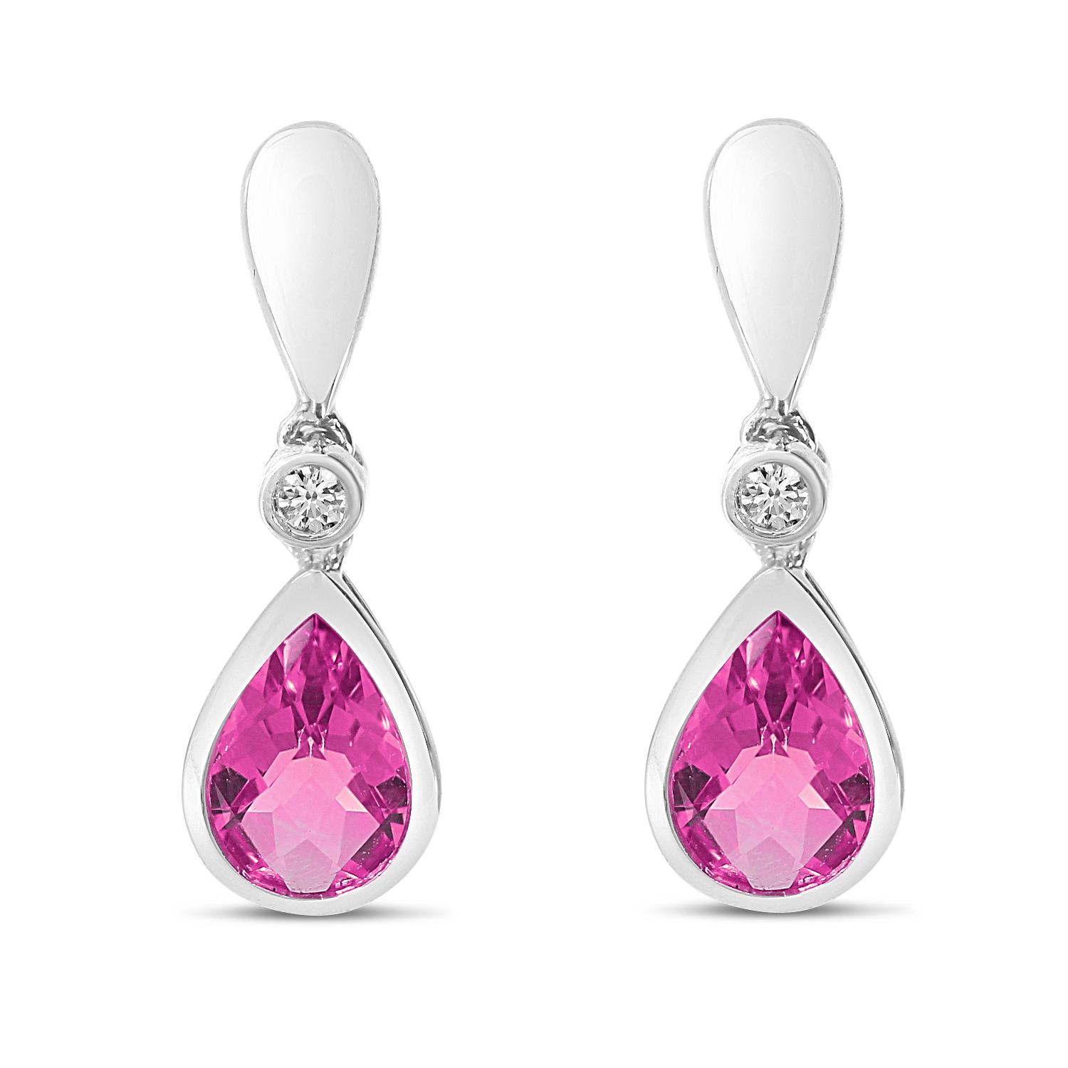 14K White Gold Pear Pink Tourmaline and Diamond Post Earrings