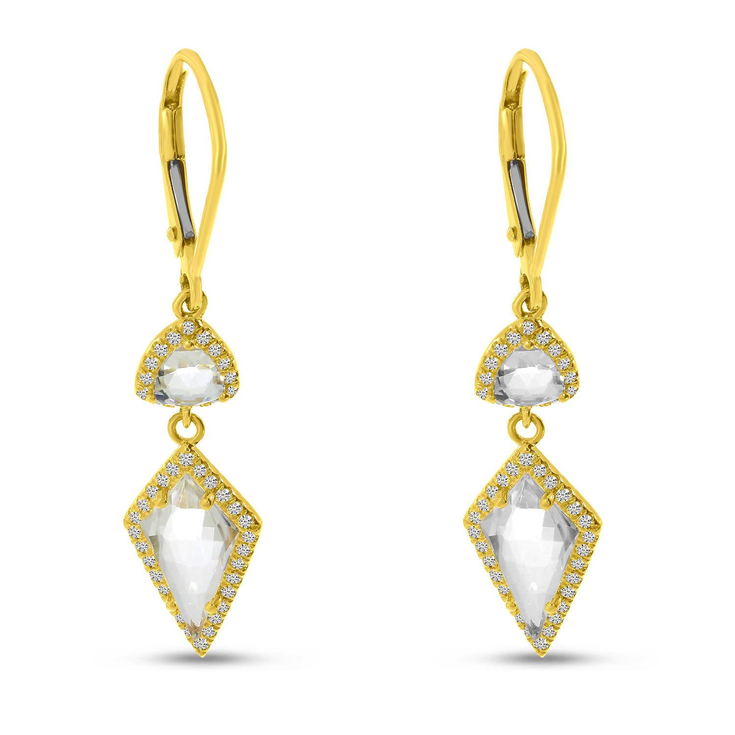 14K Yellow Gold White Topaz and Diamond Dangle Earrings