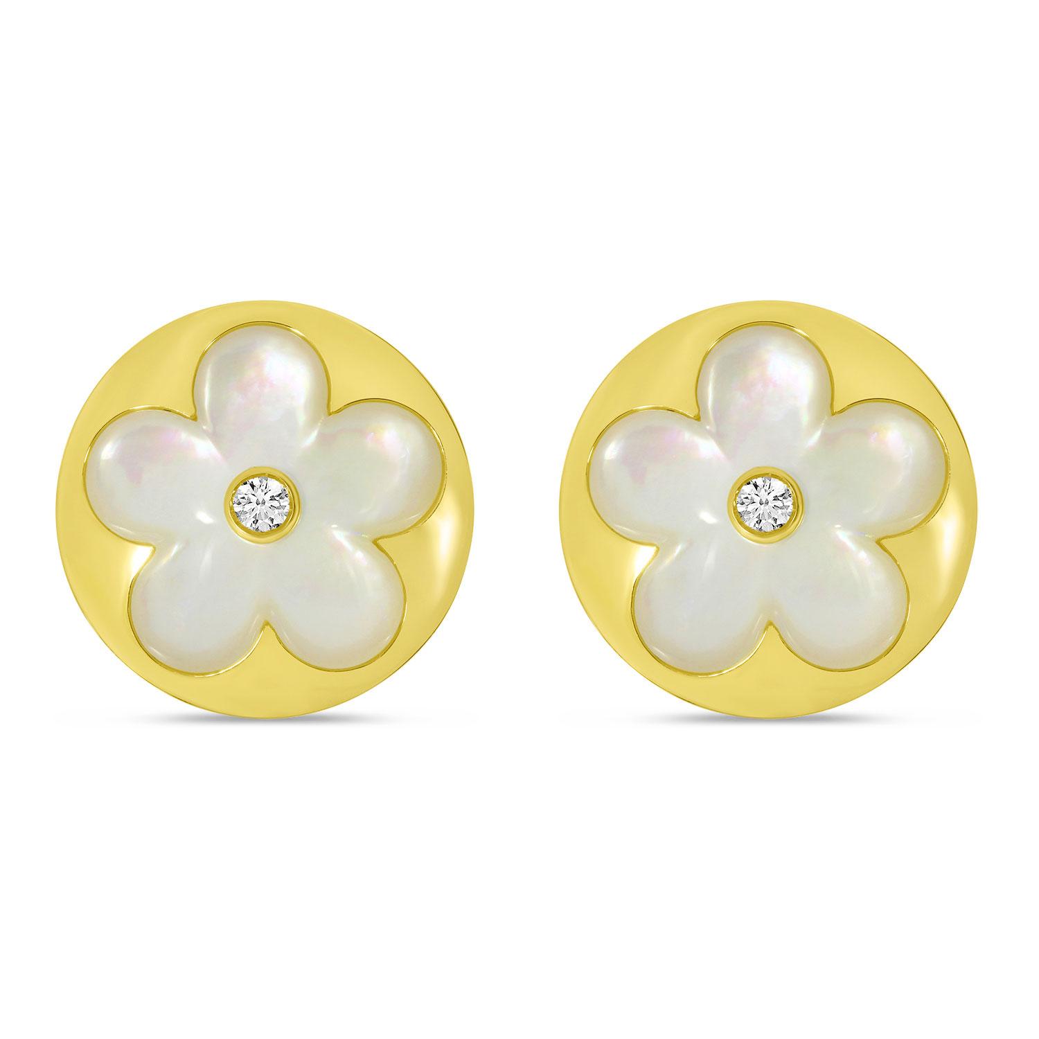 14K Yellow Gold Mother of Pearl and Diamond Floral Stud Earrings