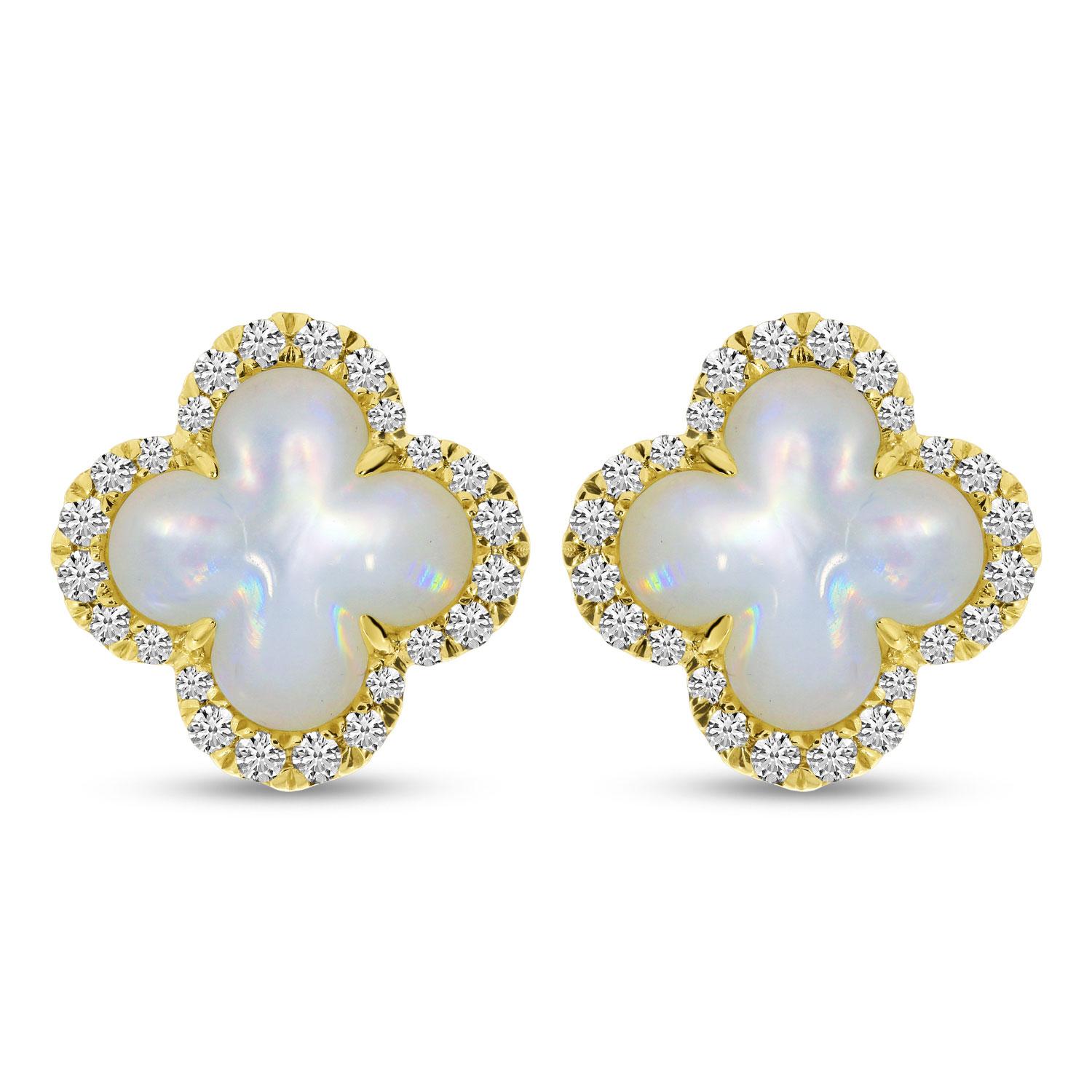 14K Yellow Gold Mother of Pearl and Diamond Clover Earrings