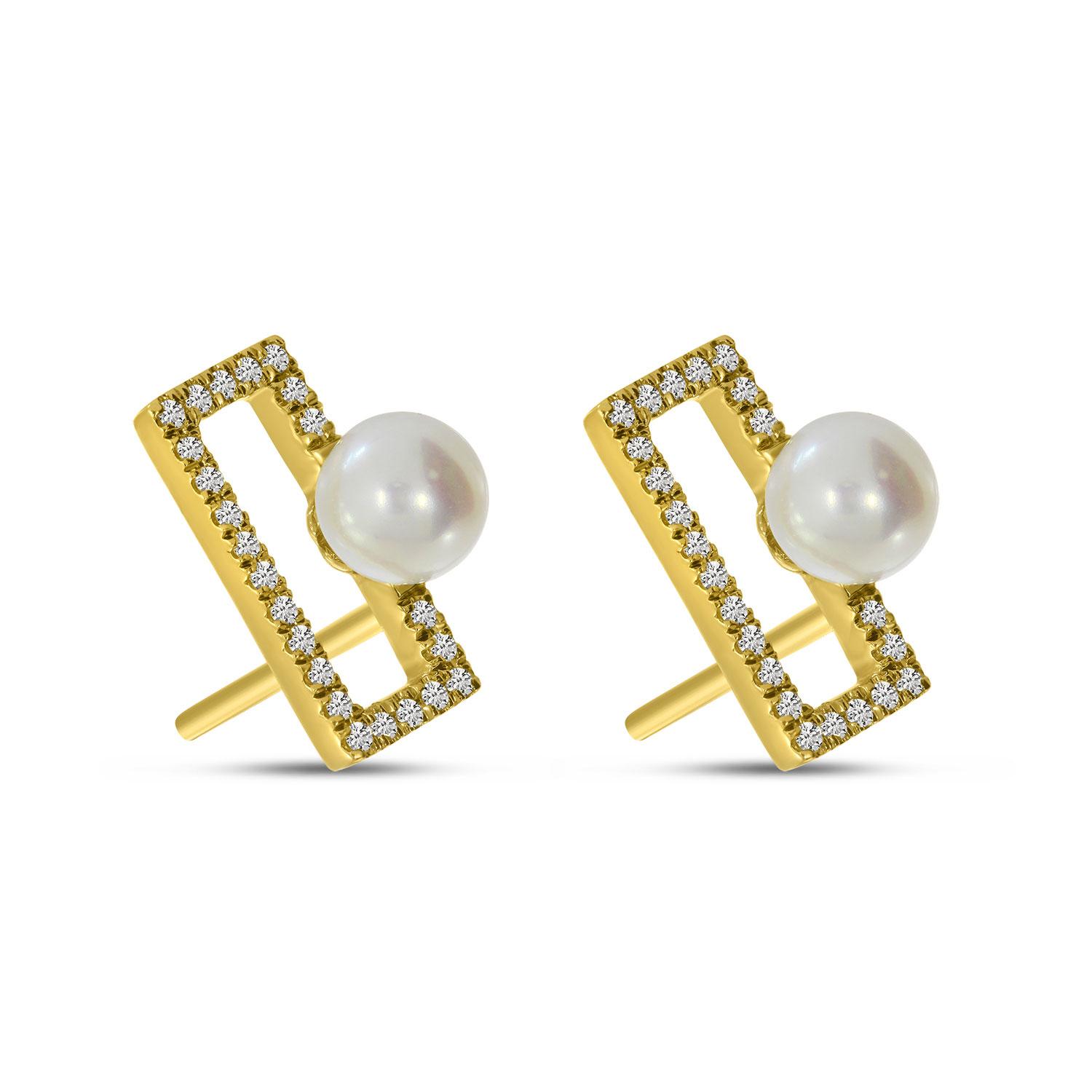 14K Yellow Gold Diamond and Pearl Rectangular Geometric Stud