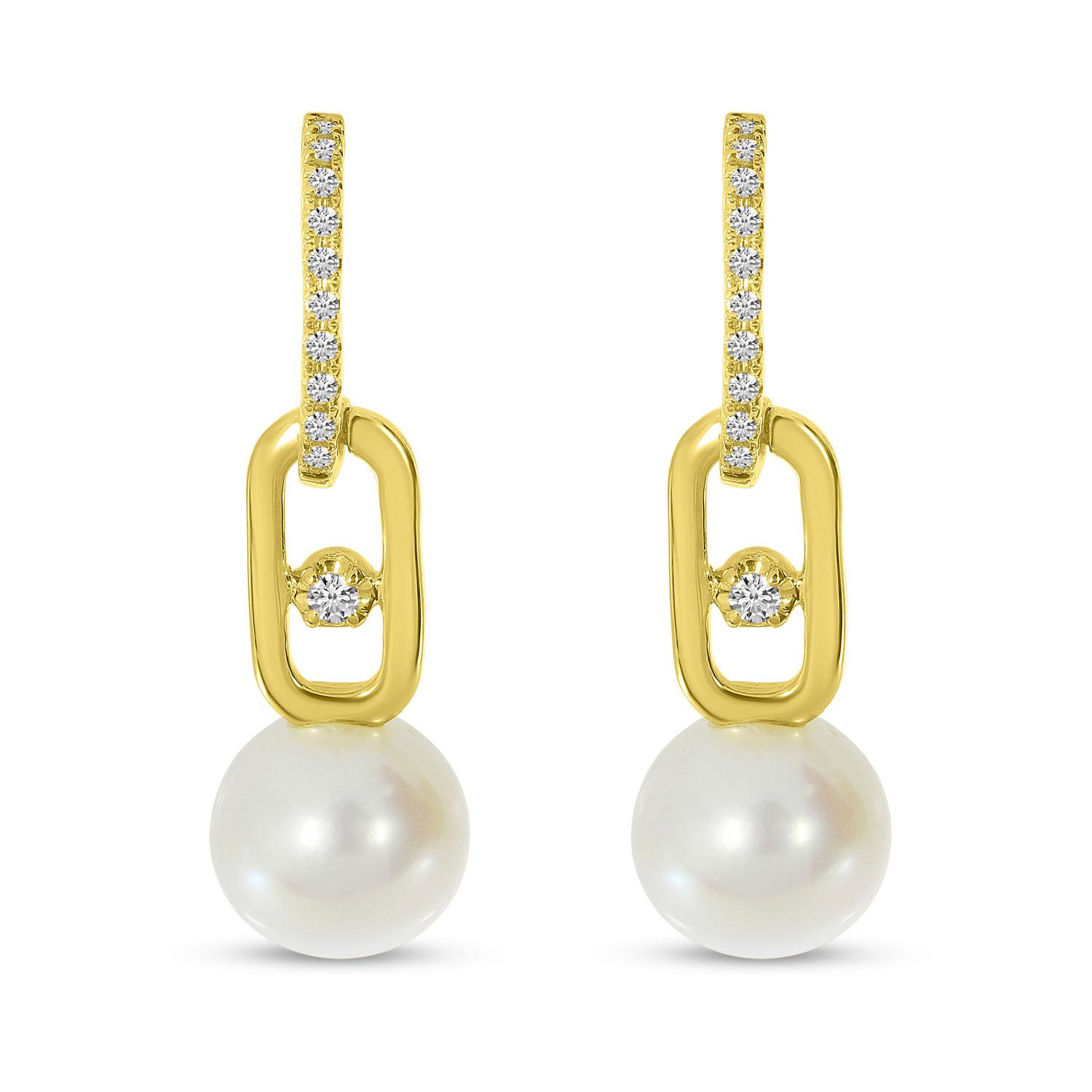 14K Yellow Gold Diamond and Pearl Drop Link Earrings