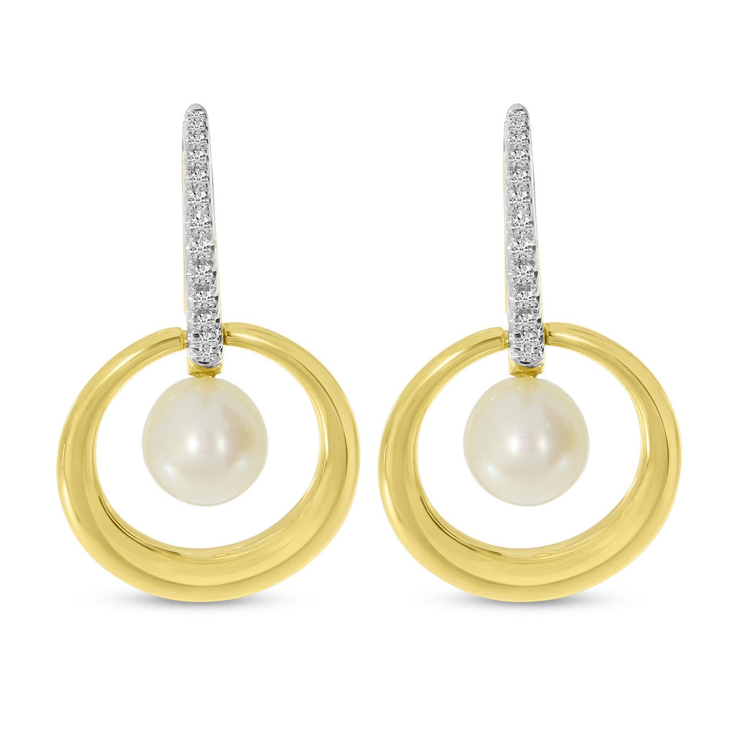 14K Yellow Gold Diamond and Pearl Drop Circle Earrings