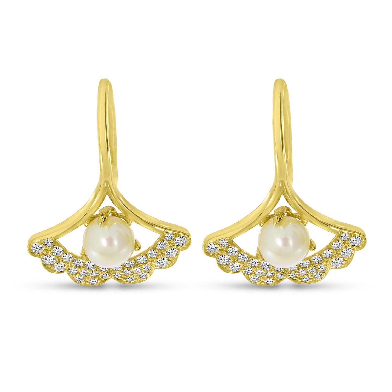 14K Yellow Gold Diamond and Pearl Fan Earrings