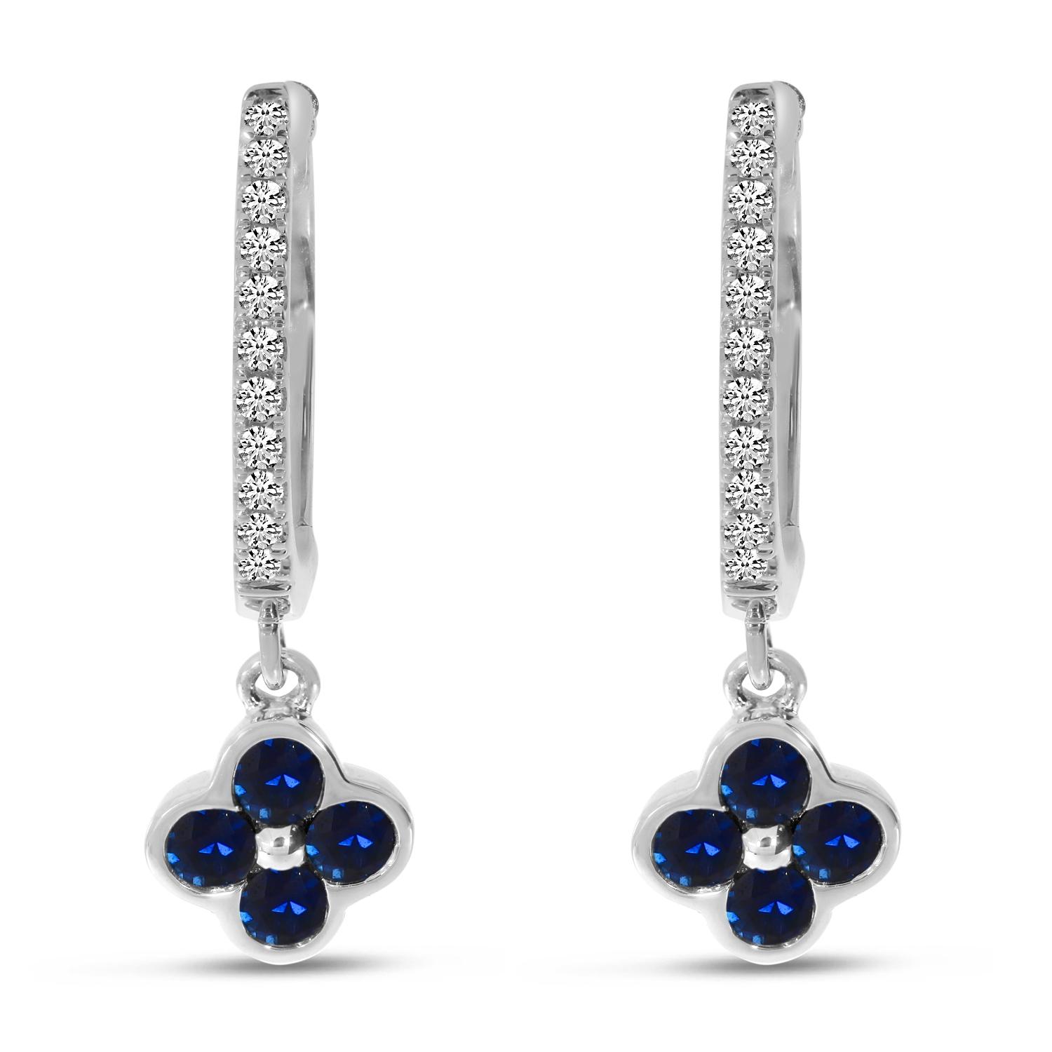 14K White Gold Sapphire Clover Drop Diamond Huggies