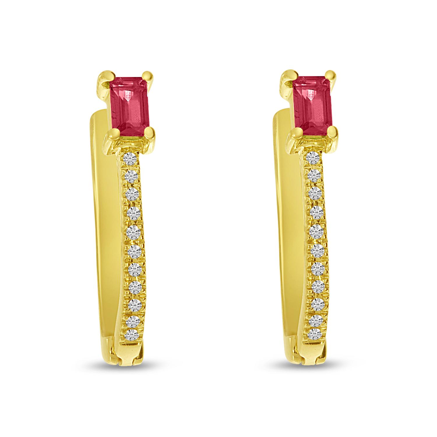 14K Yellow Gold Emerald Cut Ruby with Diamond Rectangle Hoop Earrings