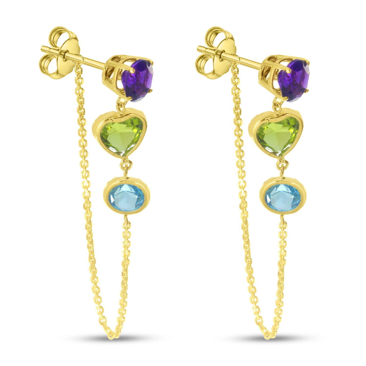 14K Yellow Gold Round & Heart Multi Drop Amethyst, Peridot and Blue Topaz Chain Earrings