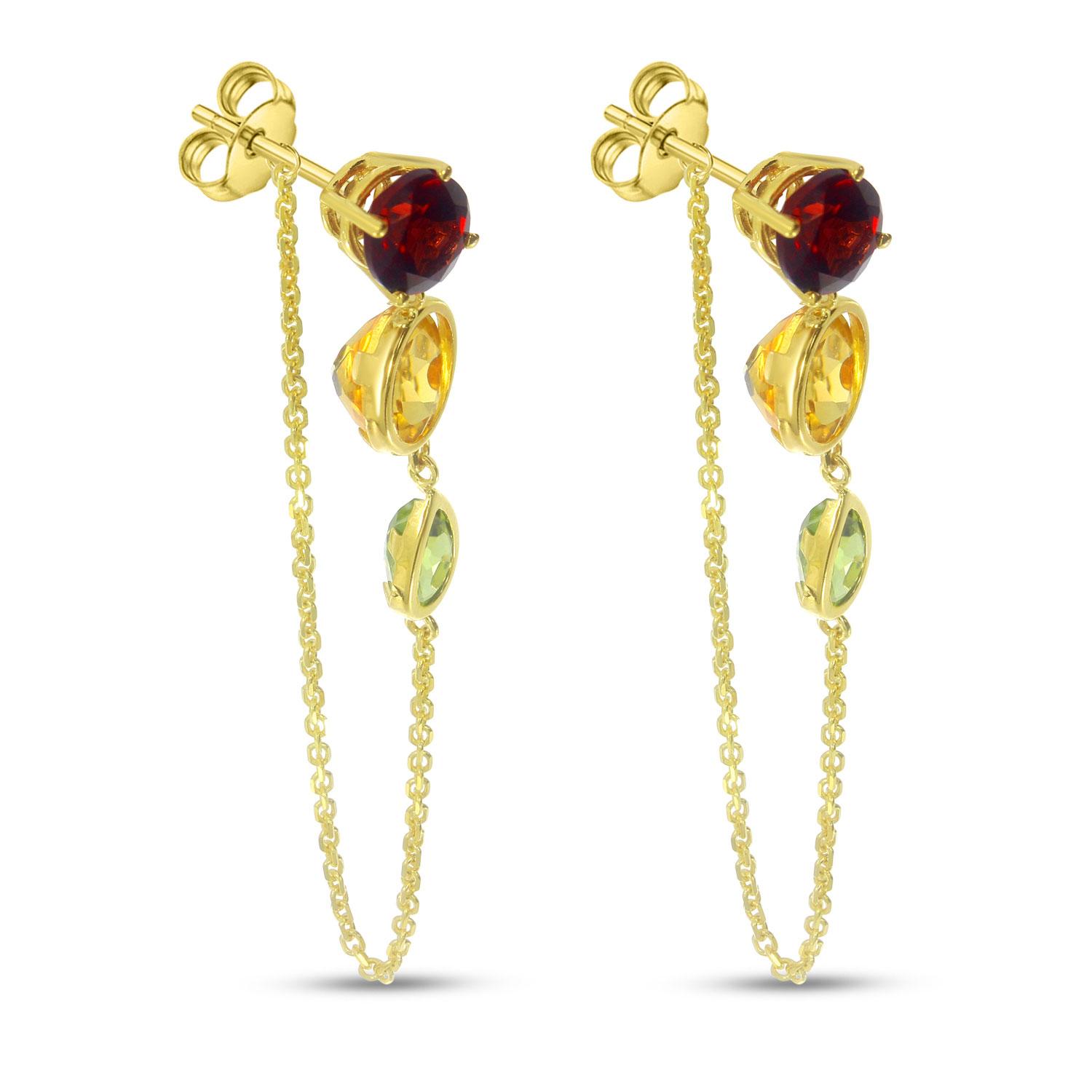 14K Yellow Gold Round & Pear Multi Drop Garnet, Citrine and Peridot Chain Earrings