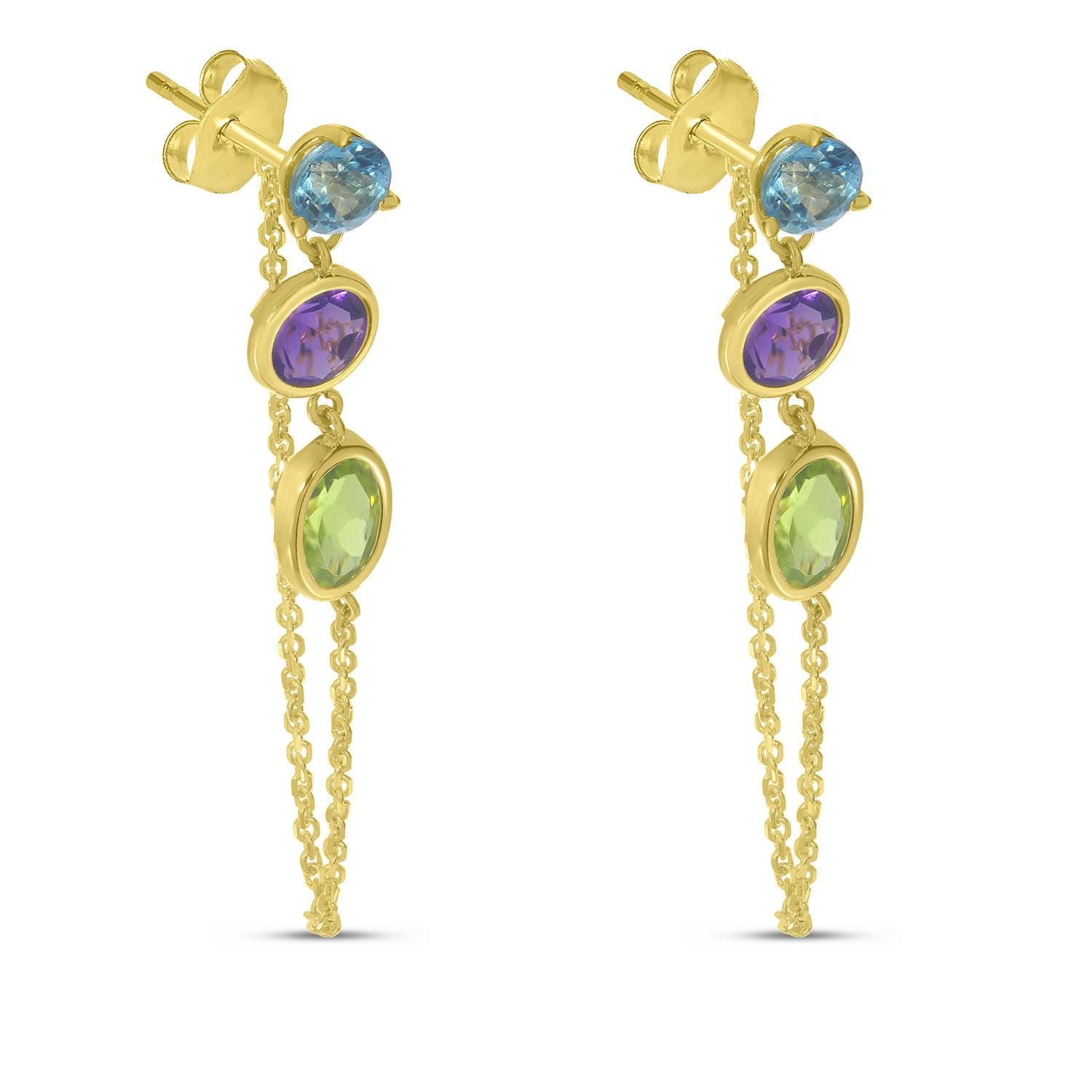 14K Yellow Gold Round & Oval Multi Drop Blue Topaz, Amethyst and Peridot Chain Earrings