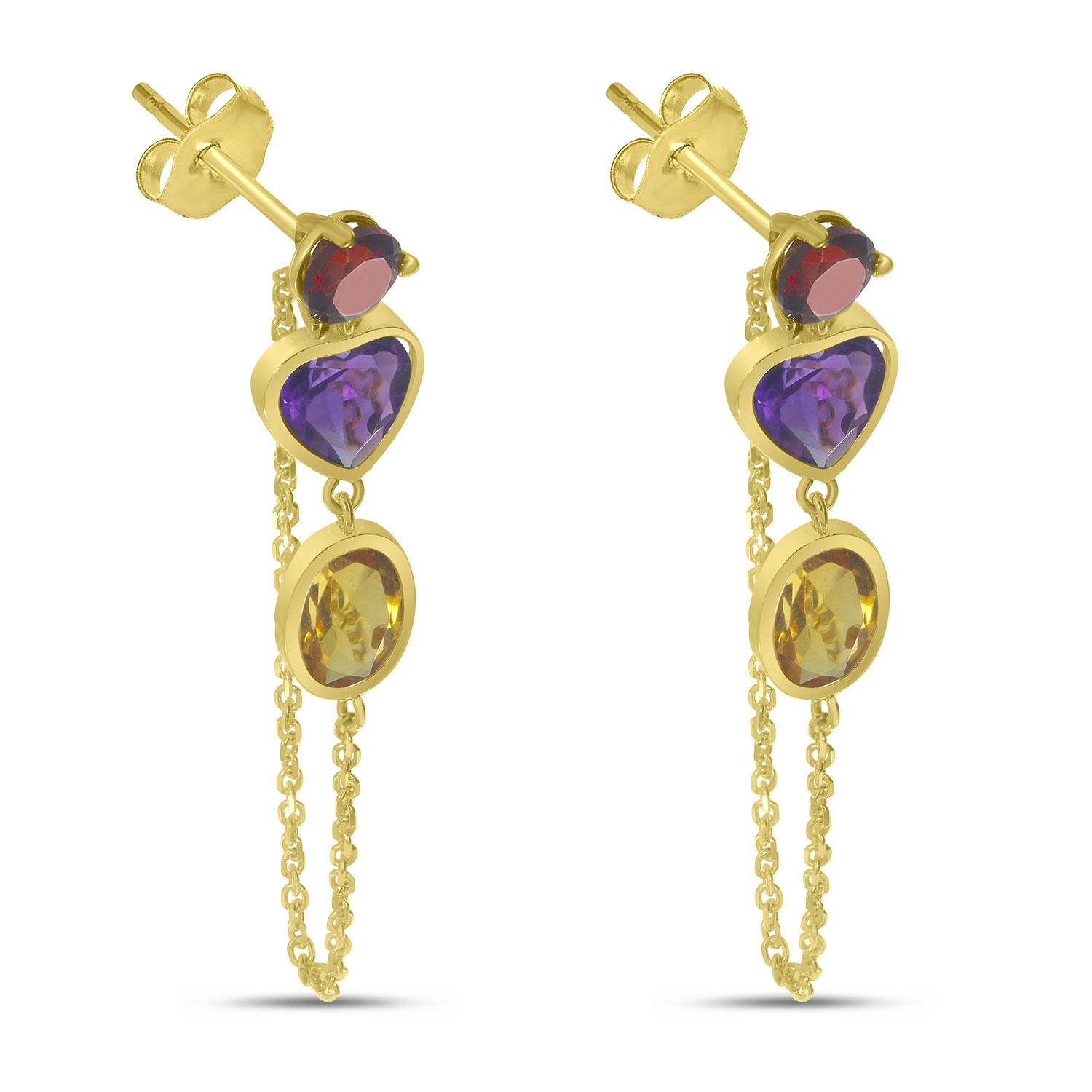 14K Yellow Gold Round, Heart & Oval Multi Drop Garnet, Amethyst and Citrine Chain Earrings