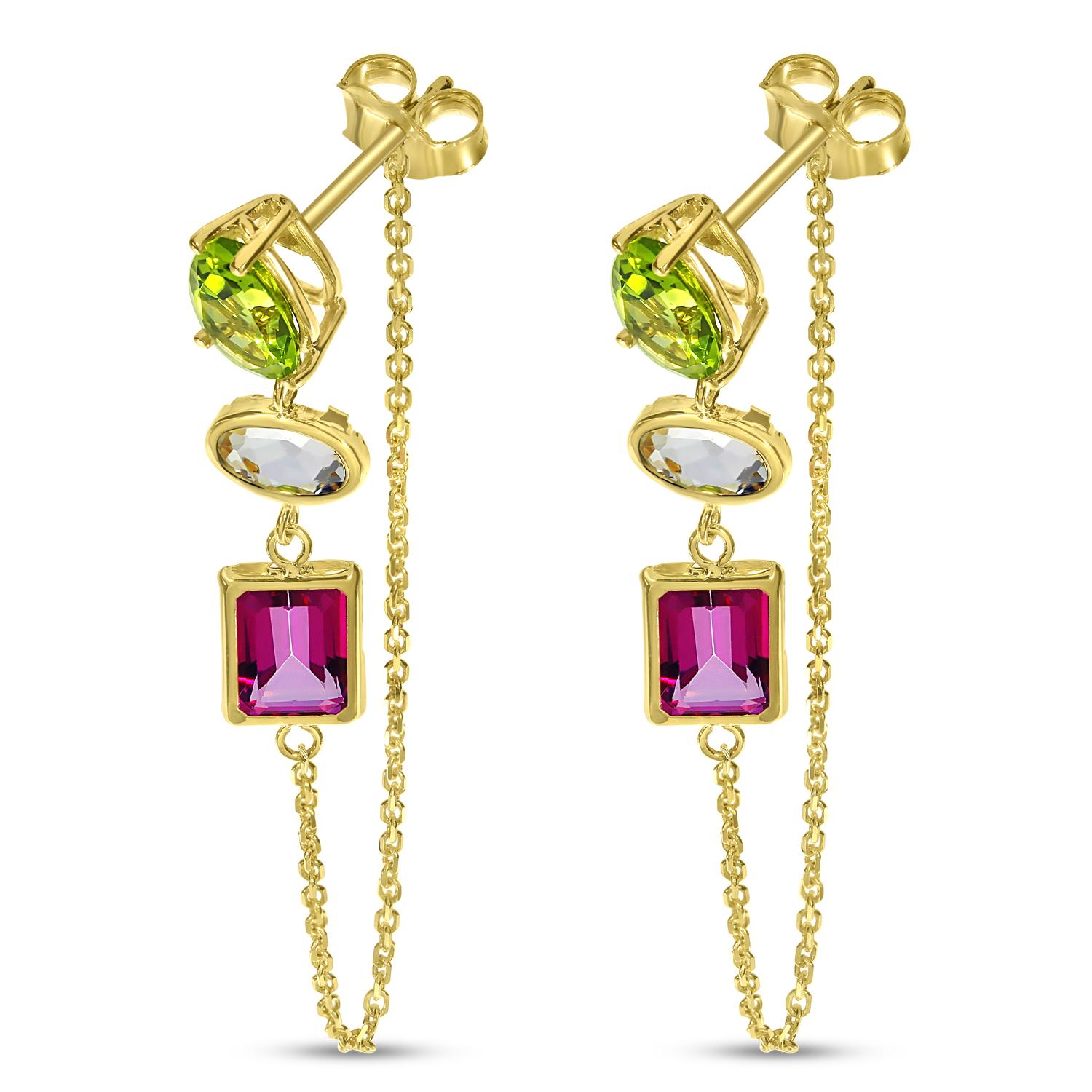 14K Yellow Gold Pear, Oval and Emerald Cut Multi Drop Amethyst and Peridot Chain Earrings