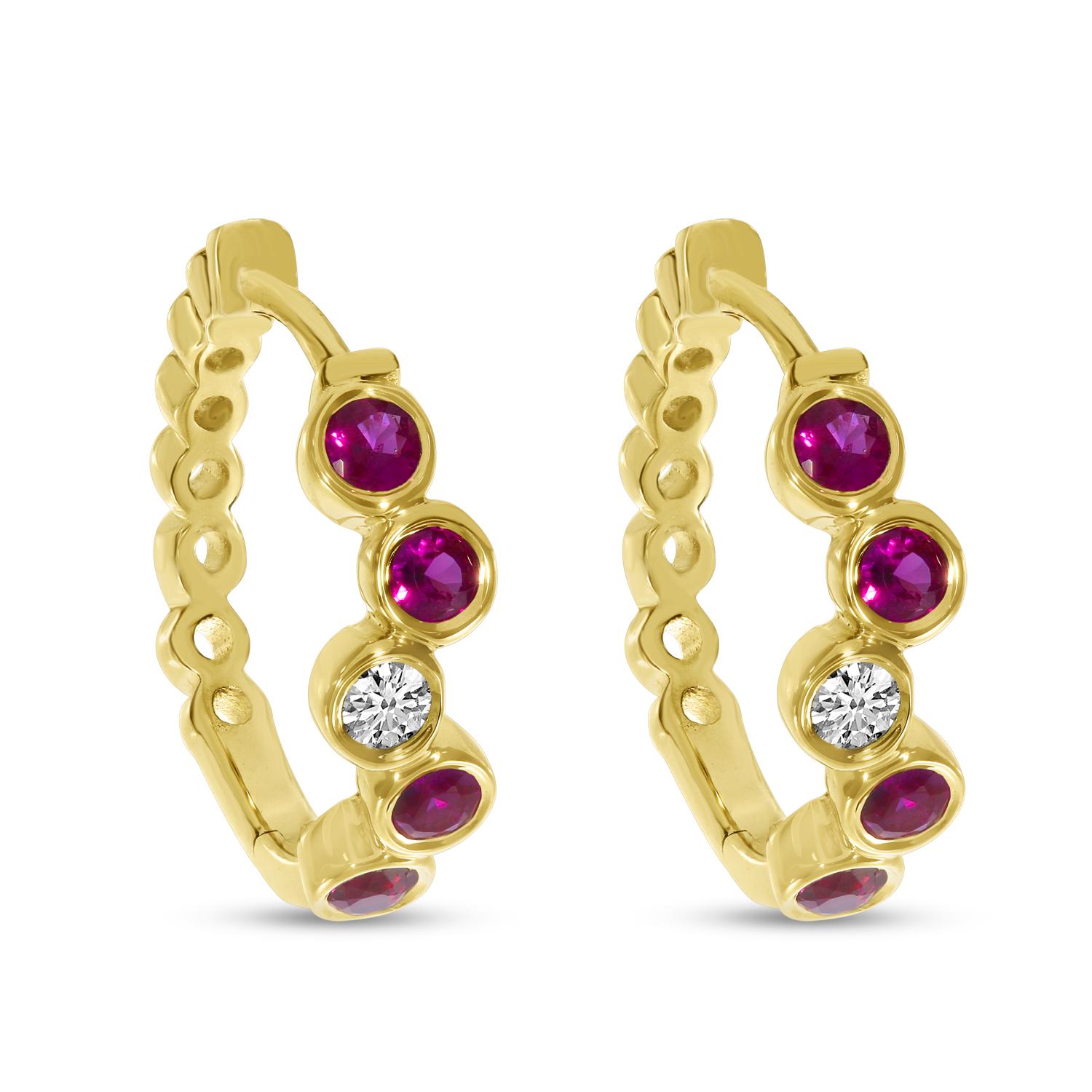 14K Yellow Gold Ruby and Diamond Bezel Bubble Huggies