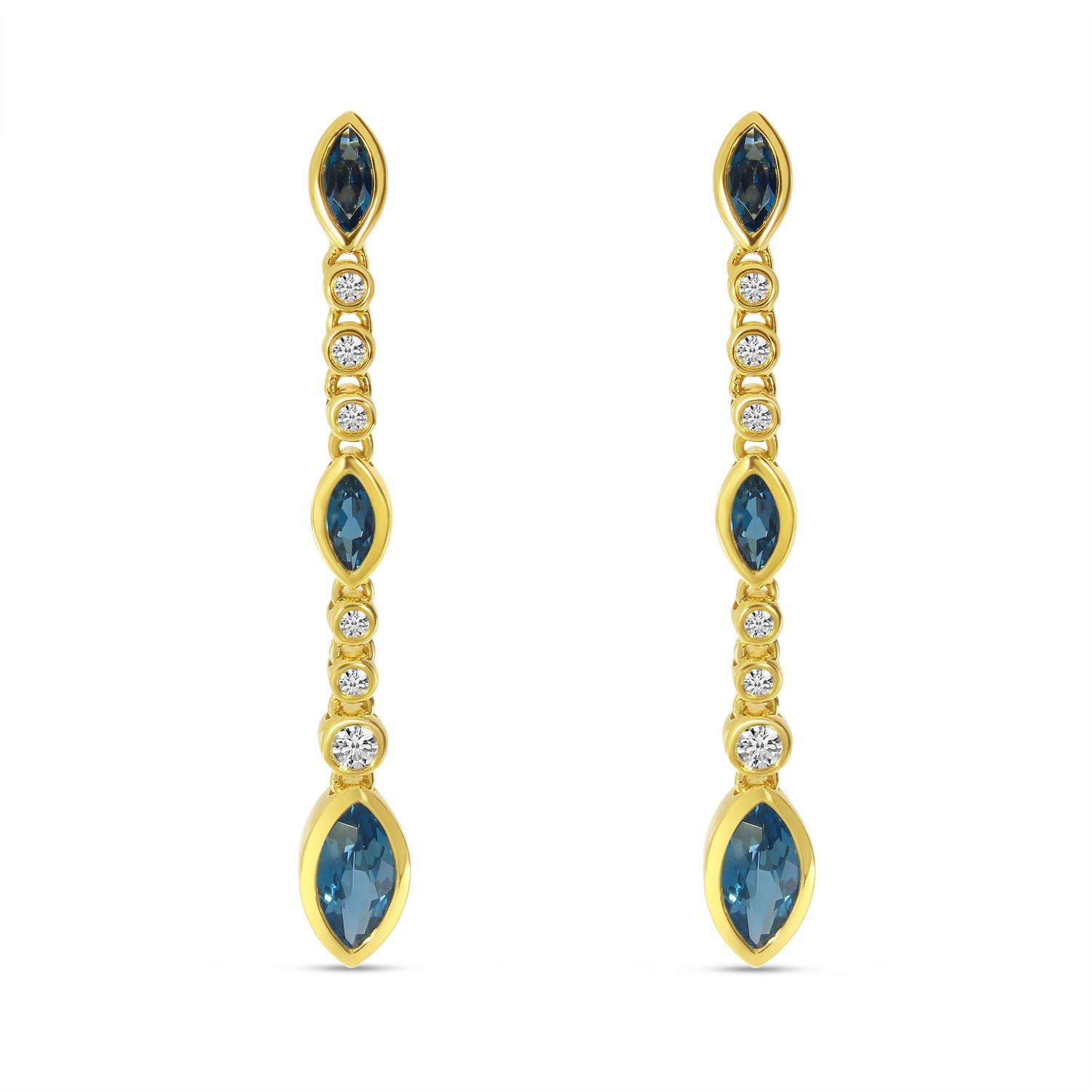 14K Yellow Gold Marquise Blue Topaz and Diamond Semi Precious Drop Earrings