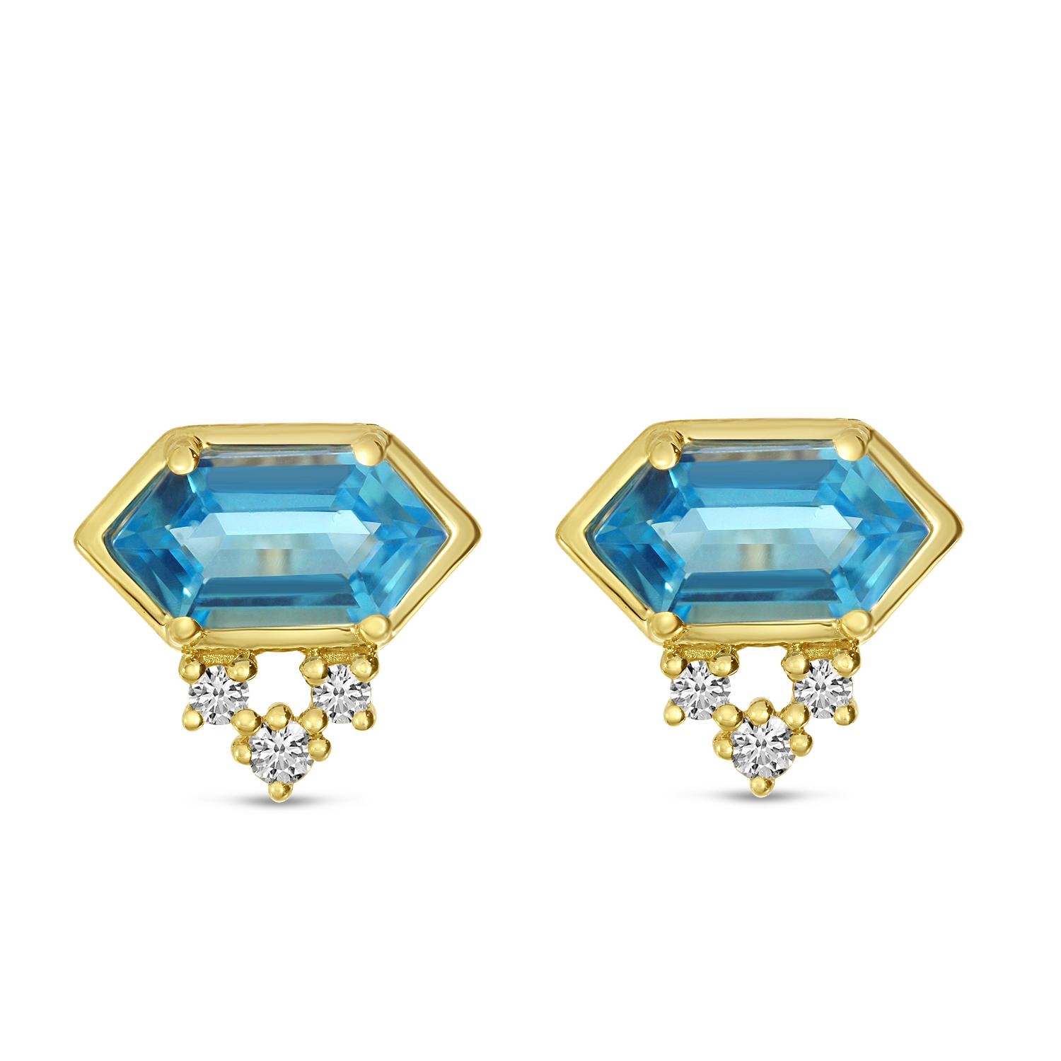 14K Yellow Gold Hexagon Blue Topaz and Diamond Stud Earrings