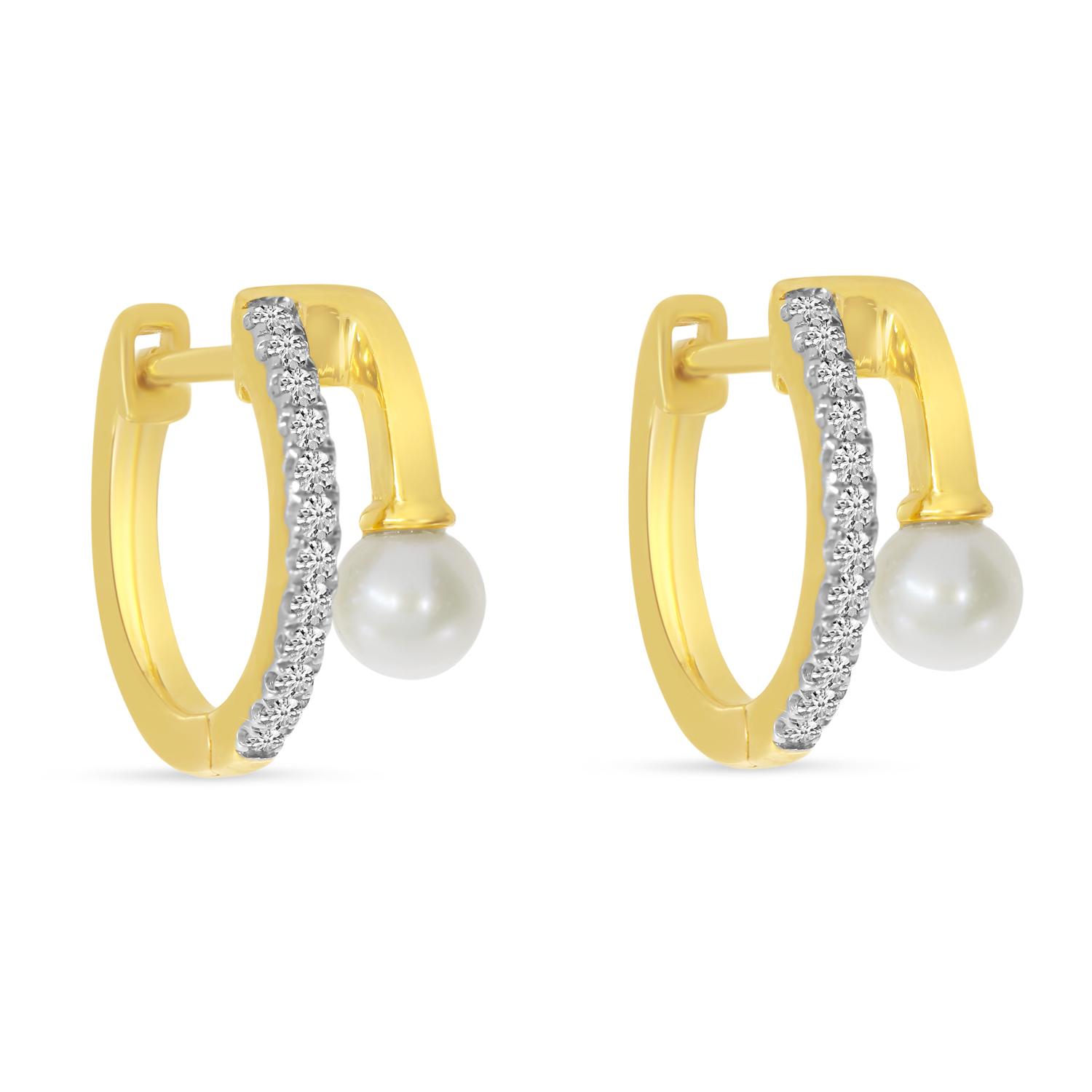 14K Yellow Gold Diamond and Pearl Huggie & A Half Earrings