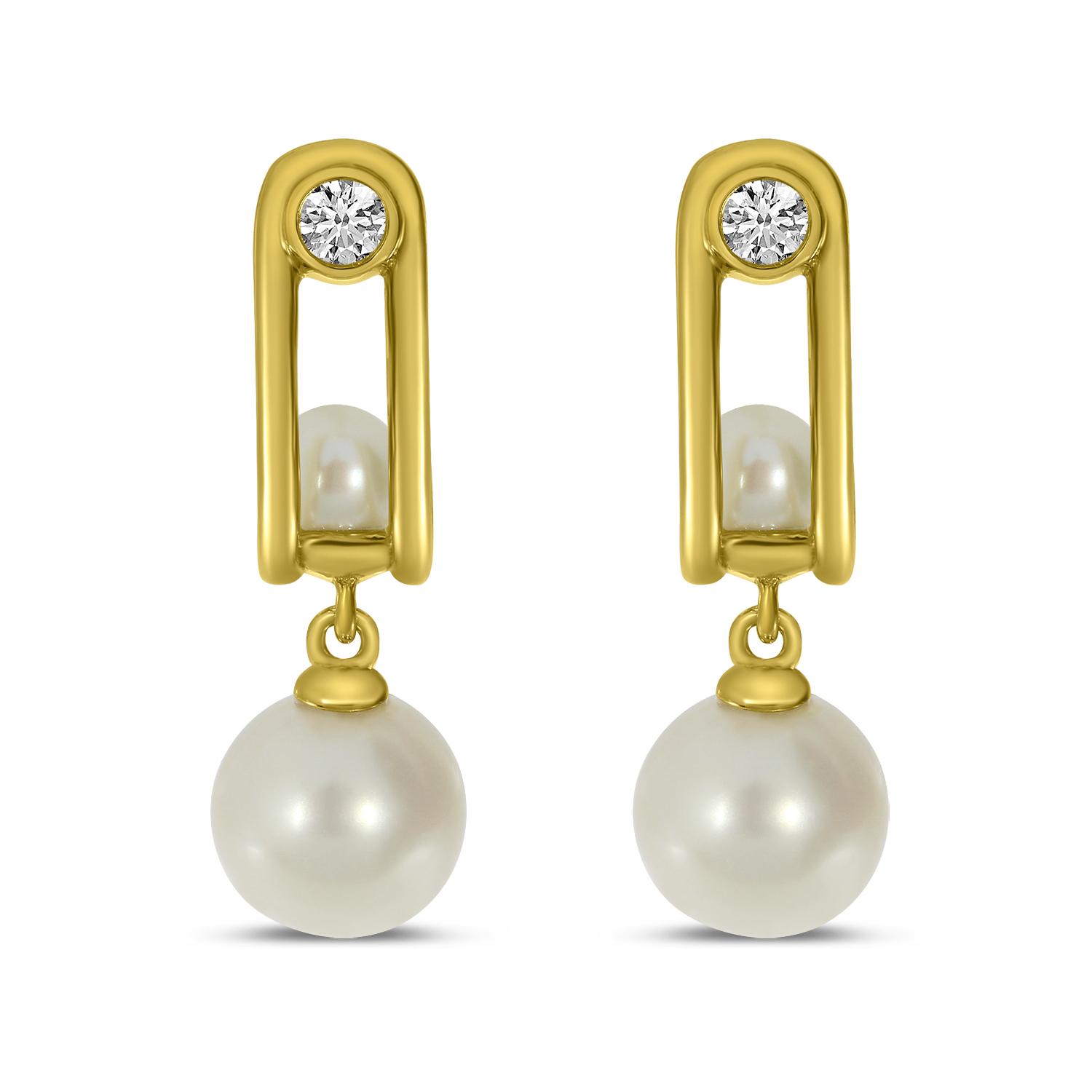 14K Yellow Gold Diamond and Elongated Pearl Earrings