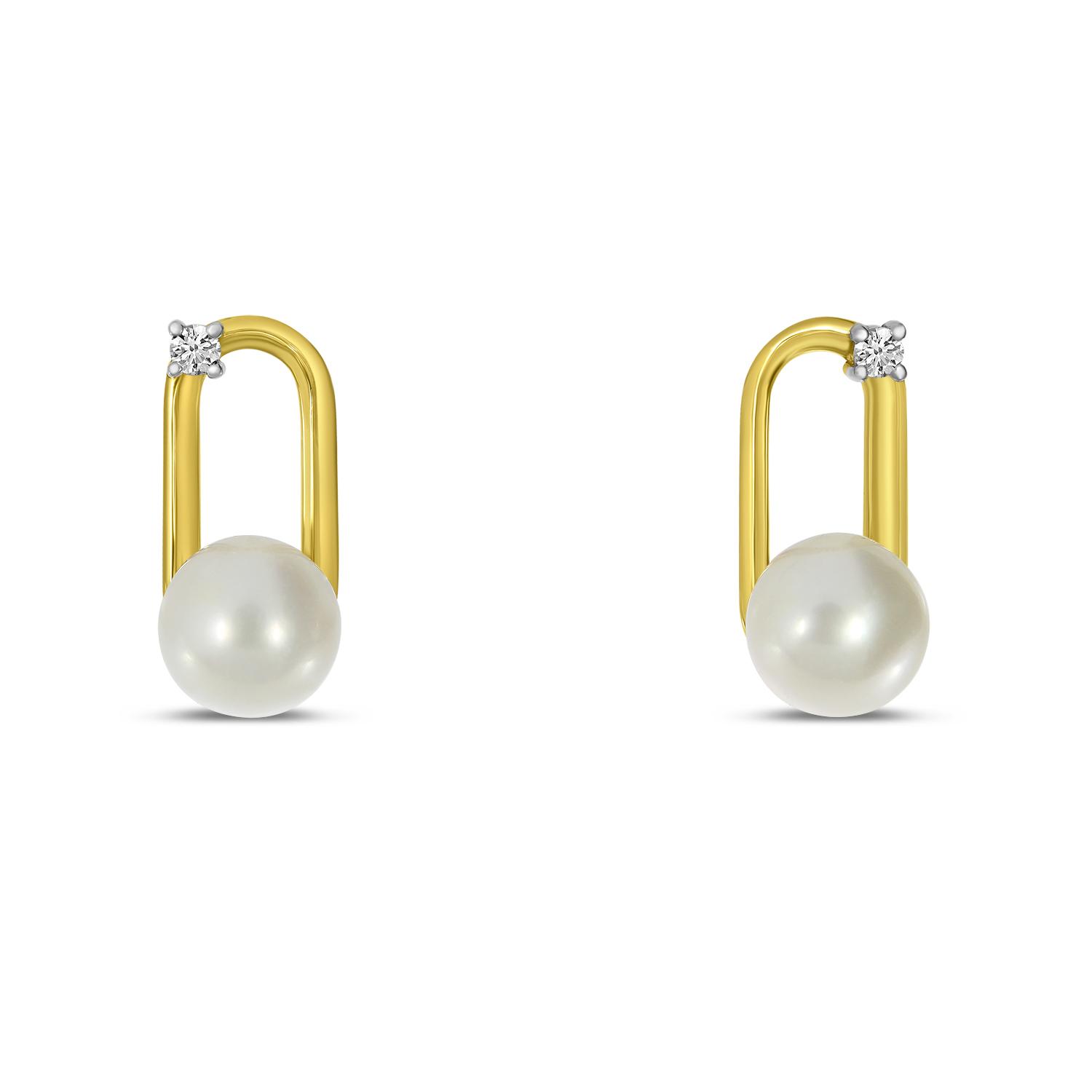 14K Yellow Gold Diamond and Pearl Loop Earrings