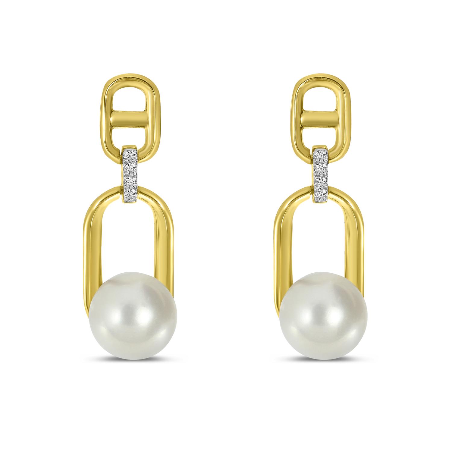 14K Yellow Gold Diamond and Pearl Link Earrings