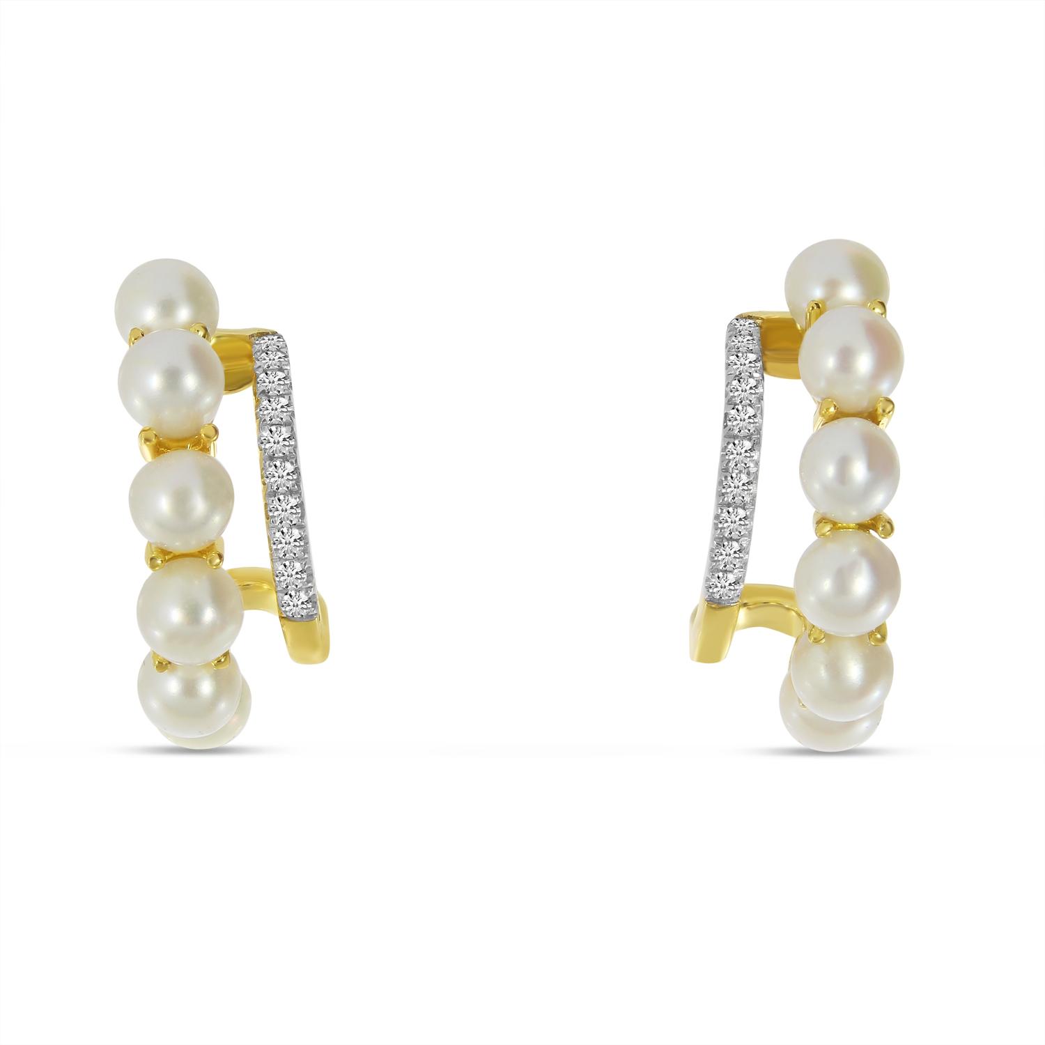 14K Yellow Gold Diamond and Pearl Huggie Earrings