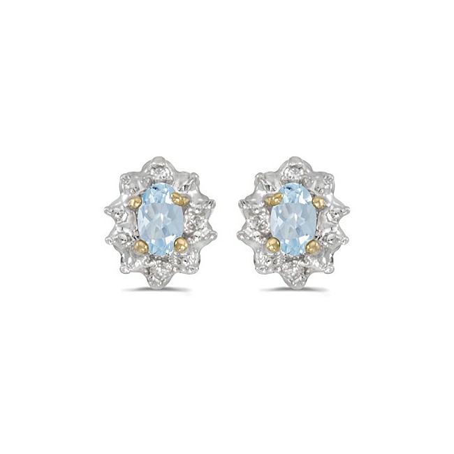 10k Yellow Gold Oval Aquamarine And Diamond Earrings