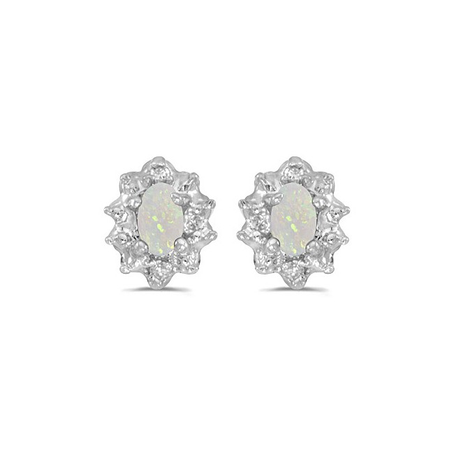 10k White Gold Oval Opal And Diamond Earrings