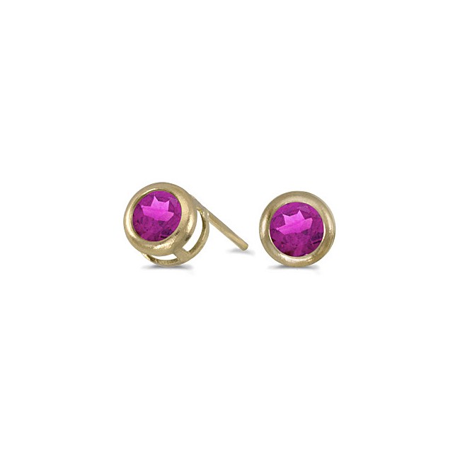 14k Yellow Gold Round Pink Tourmaline Bezel Stud Earrings