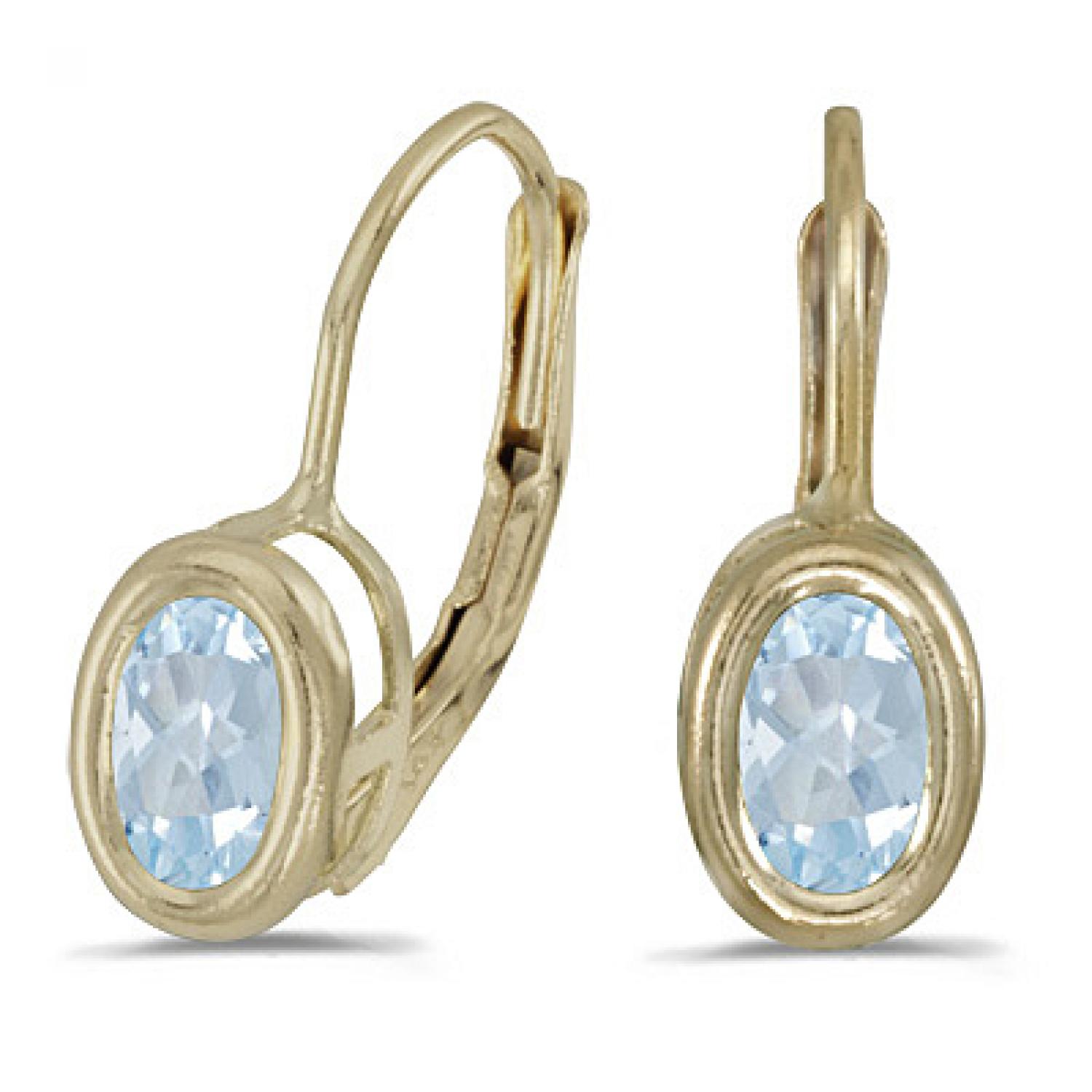 14K Yellow Gold Oval White Topaz Bezel Lever-back Earrings