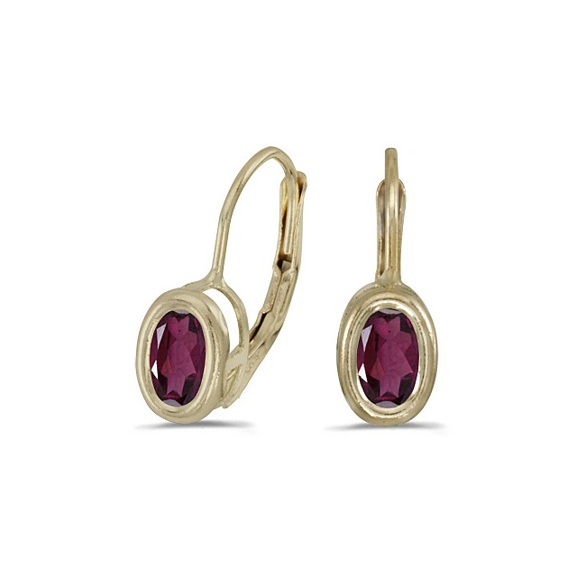 14K Yellow Gold Oval Rhodolite Garnet Bezel Lever-back Earrings