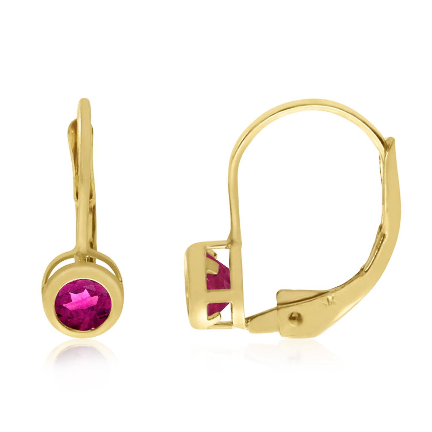 14K Yellow Gold Round Pink Topaz Bezel Lever-back Earrings