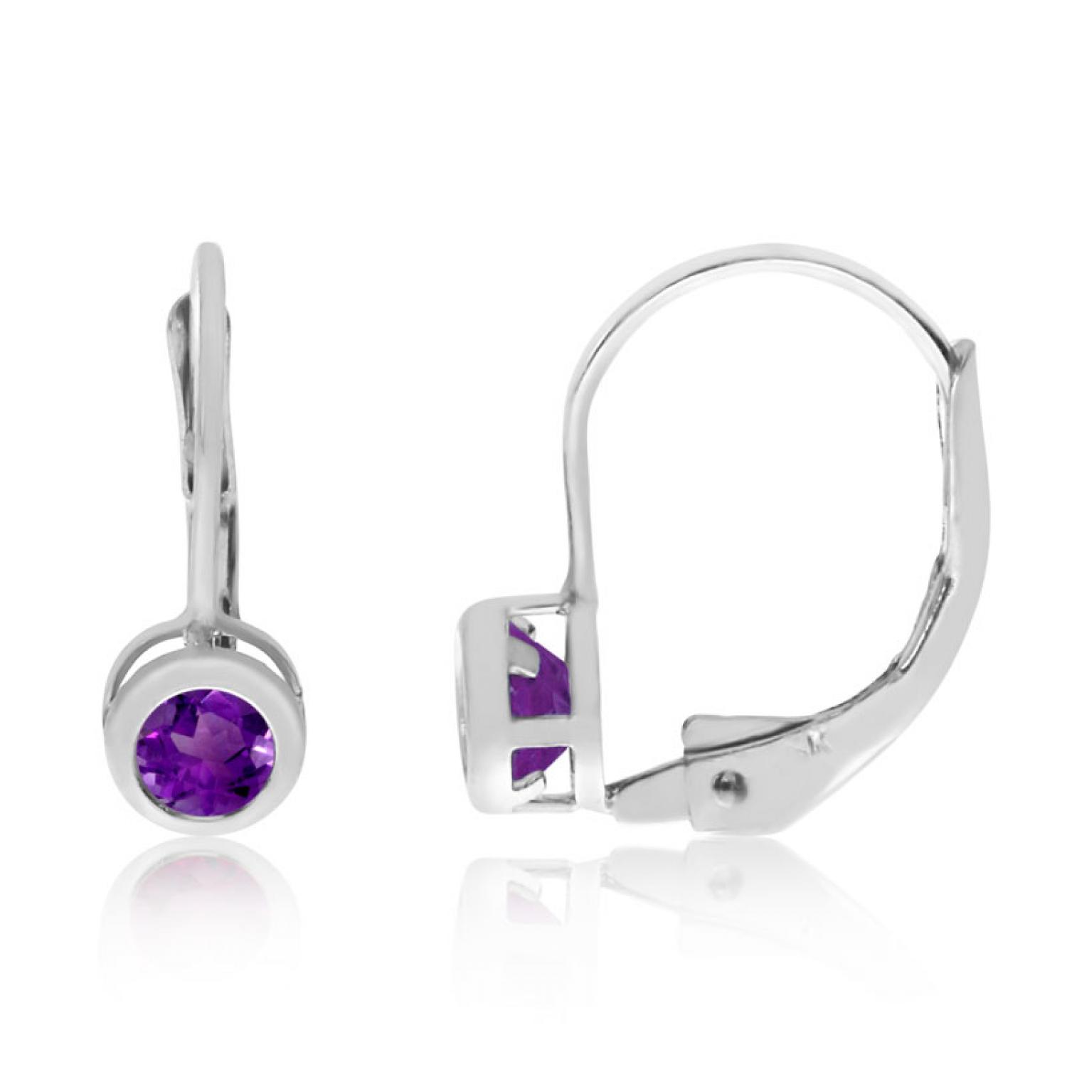 14K White Gold Round Amethyst Bezel Lever-back Earrings