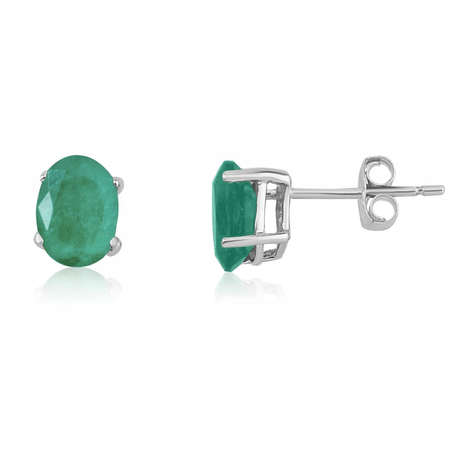 14K White Gold Oval Emerald Earrings