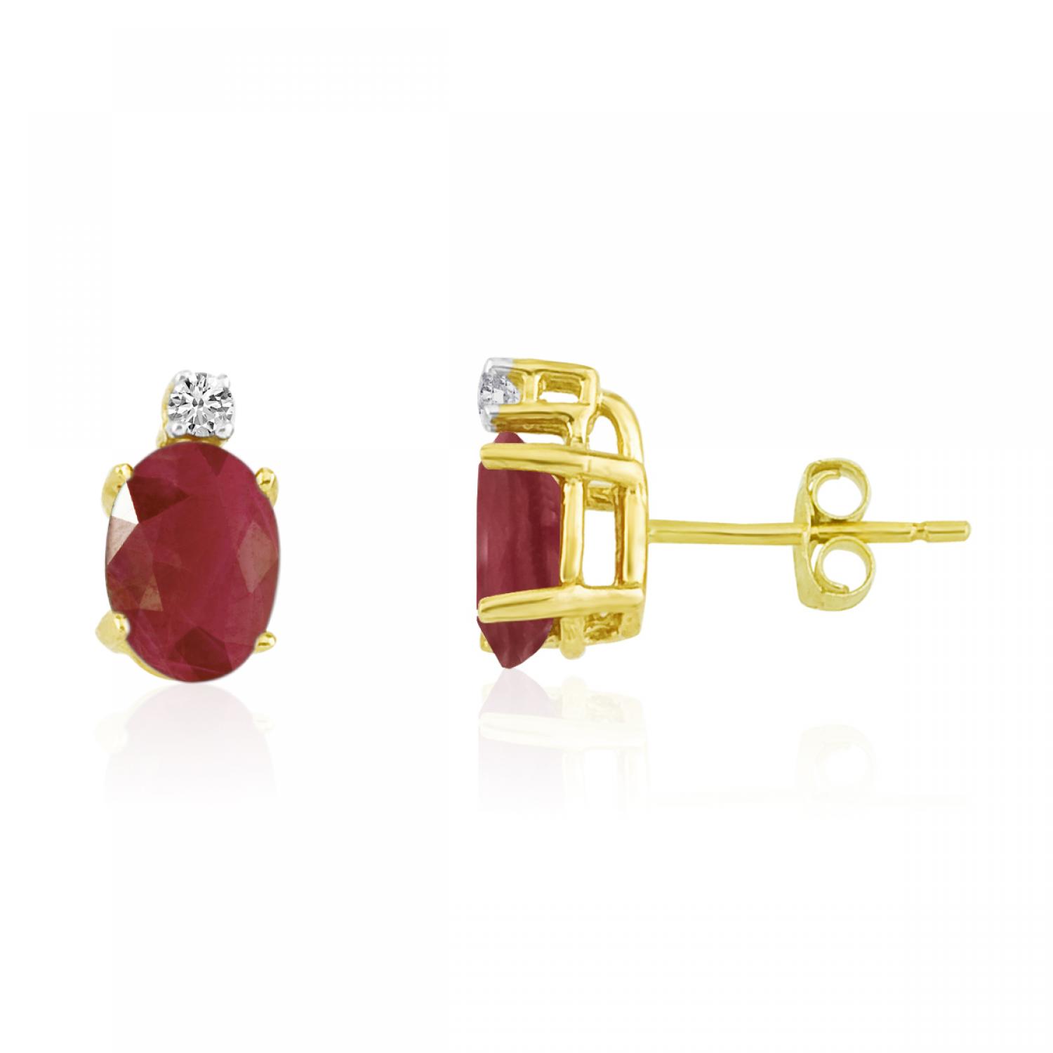 14K Yellow Gold Oval Ruby and Diamond Earrings