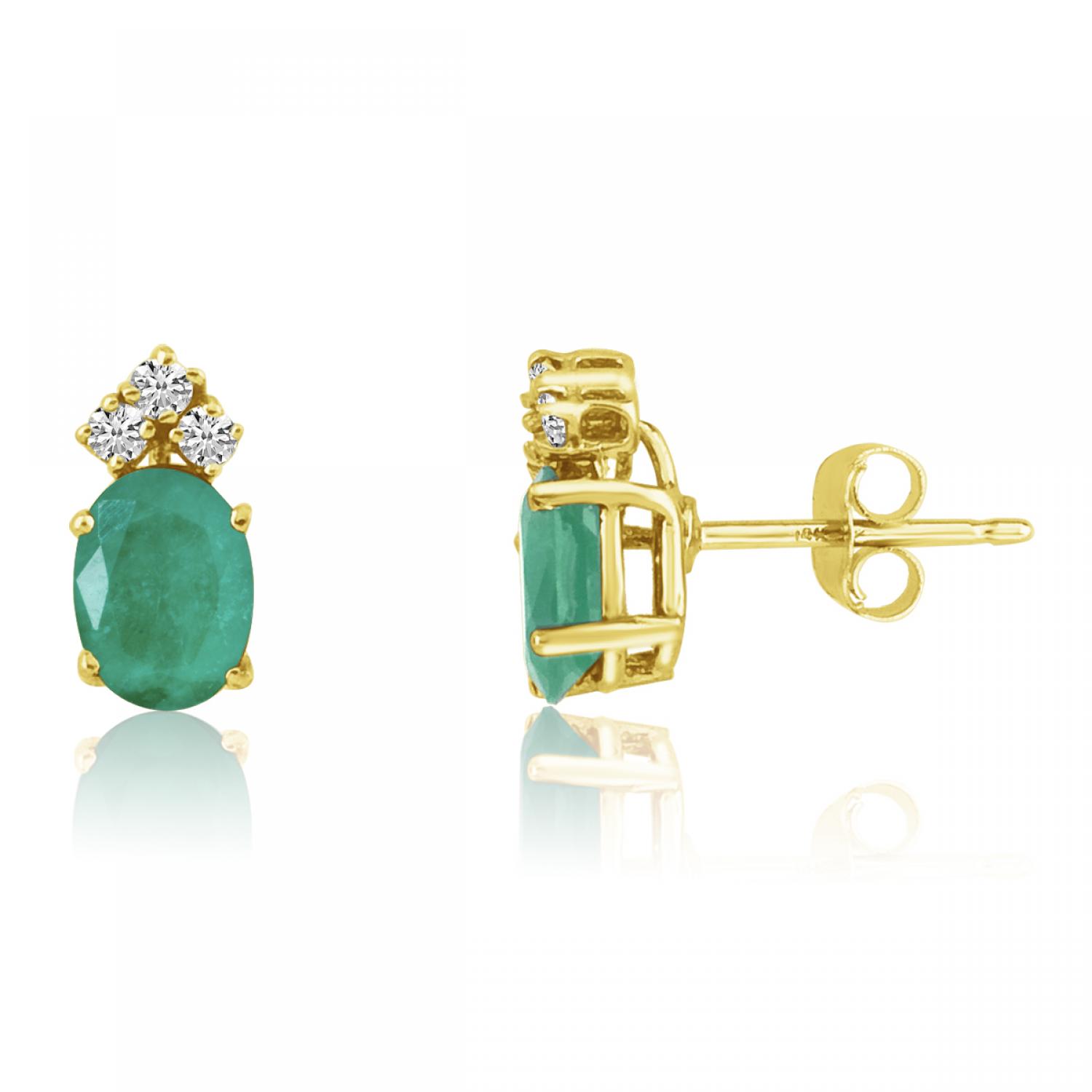 14K Yellow Gold Oval Emerald and Diamond Earrings