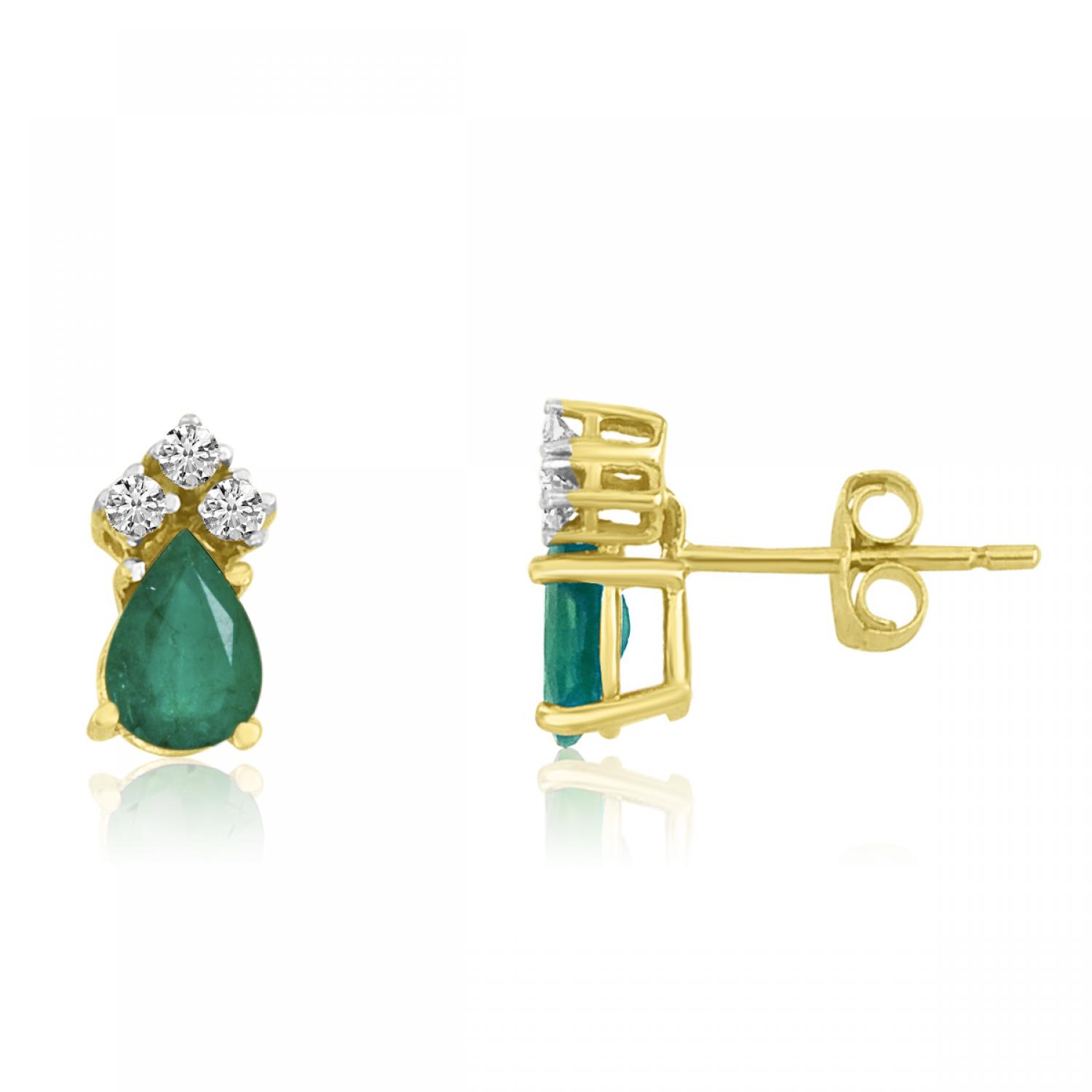 14K Yellow Gold Pear Emerald and Diamond Earrings