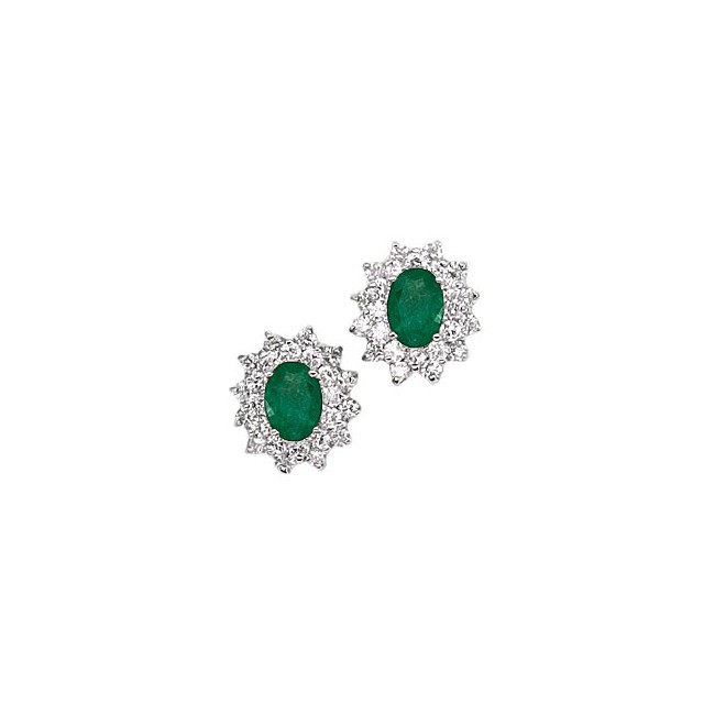 14K White Gold Oval Emerald and Diamond Earrings