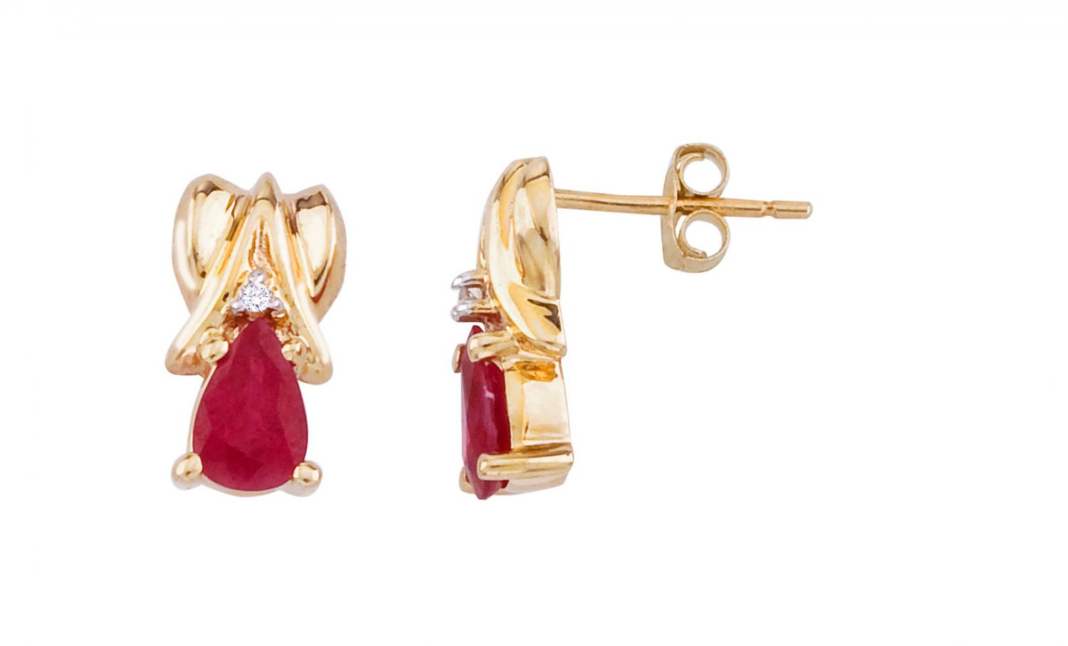 14K Yellow Gold Pear Ruby and Diamond Earrings