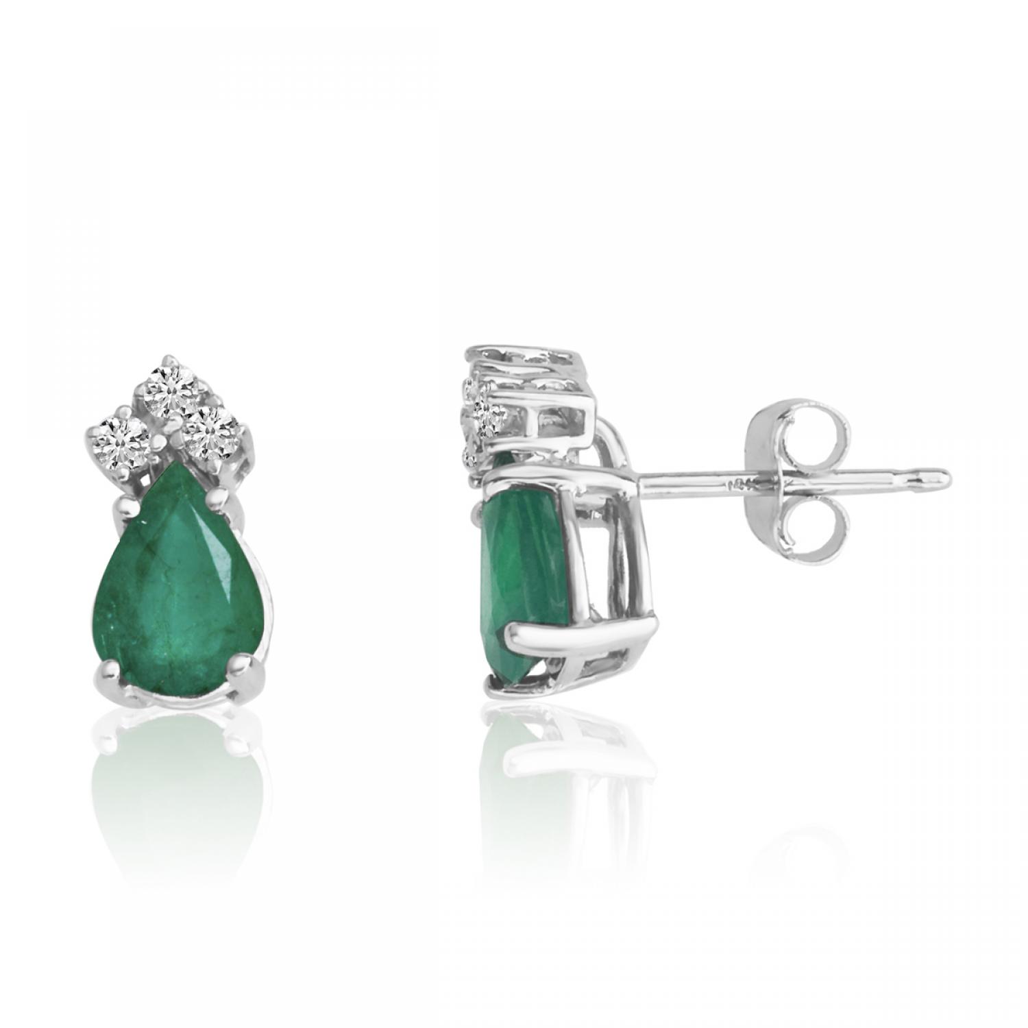 14K White Gold Pear Emerald and Diamond Earrings