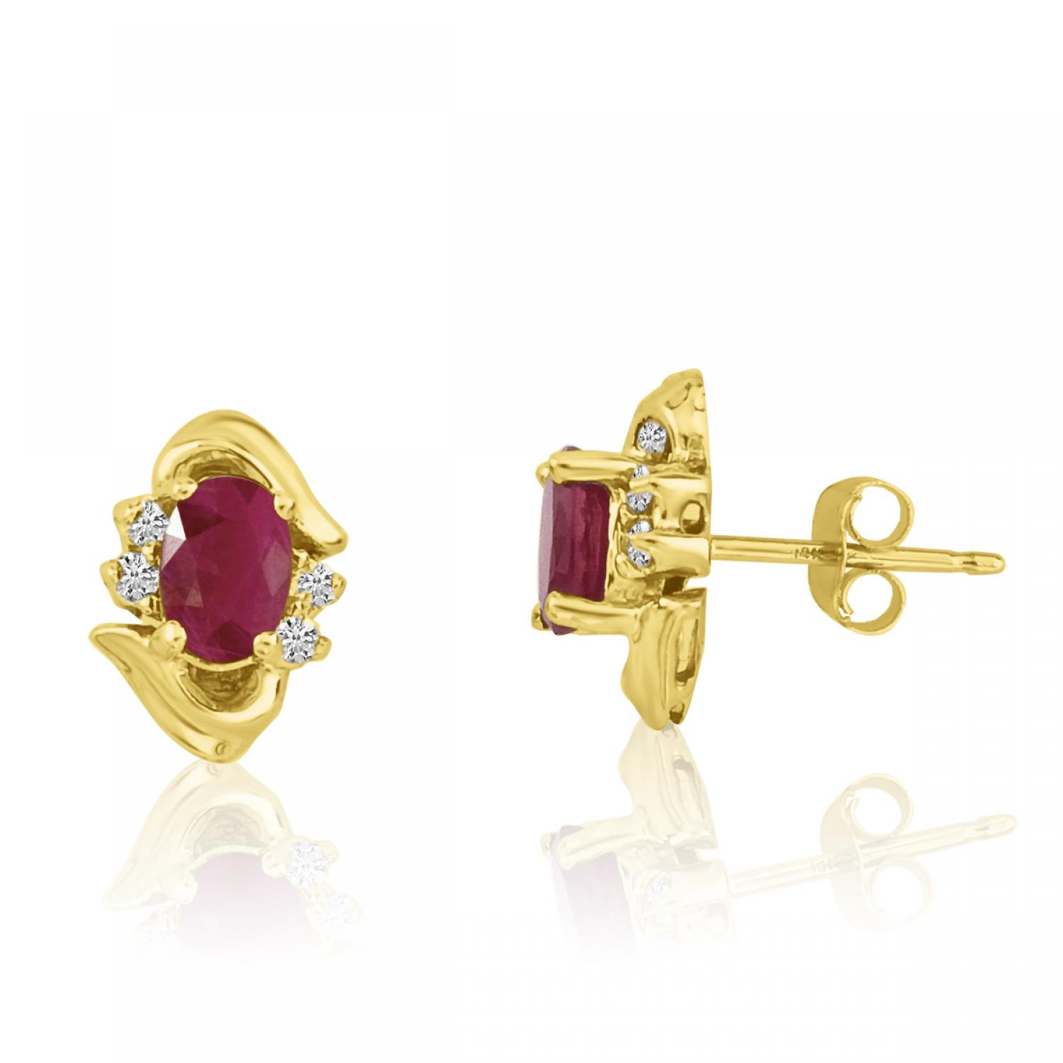 14K Yellow Gold Oval Ruby and Diamond Earrings