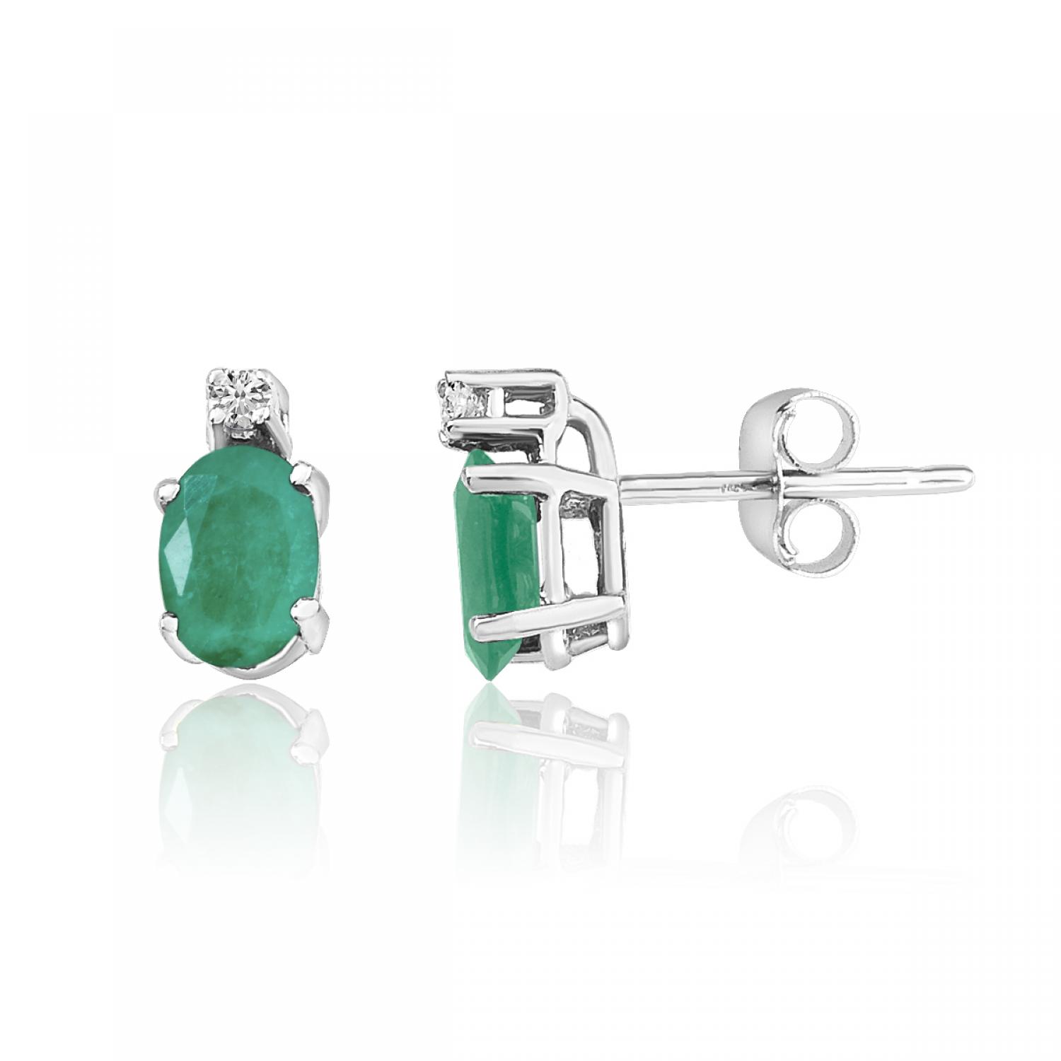 14K White Gold Oval Emerald and Diamond Earrings