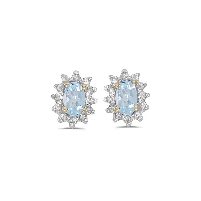 14k Yellow Gold Oval Aquamarine And Diamond Earrings