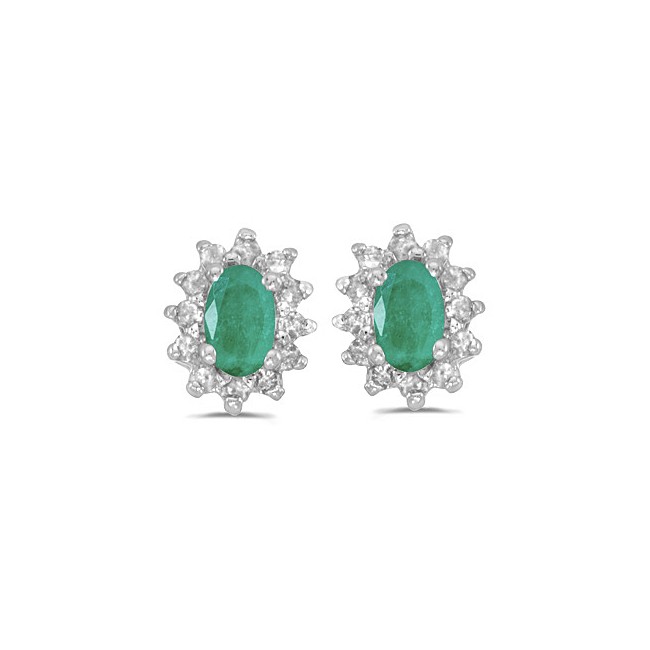 14k White Gold Oval Emerald And Diamond Earrings