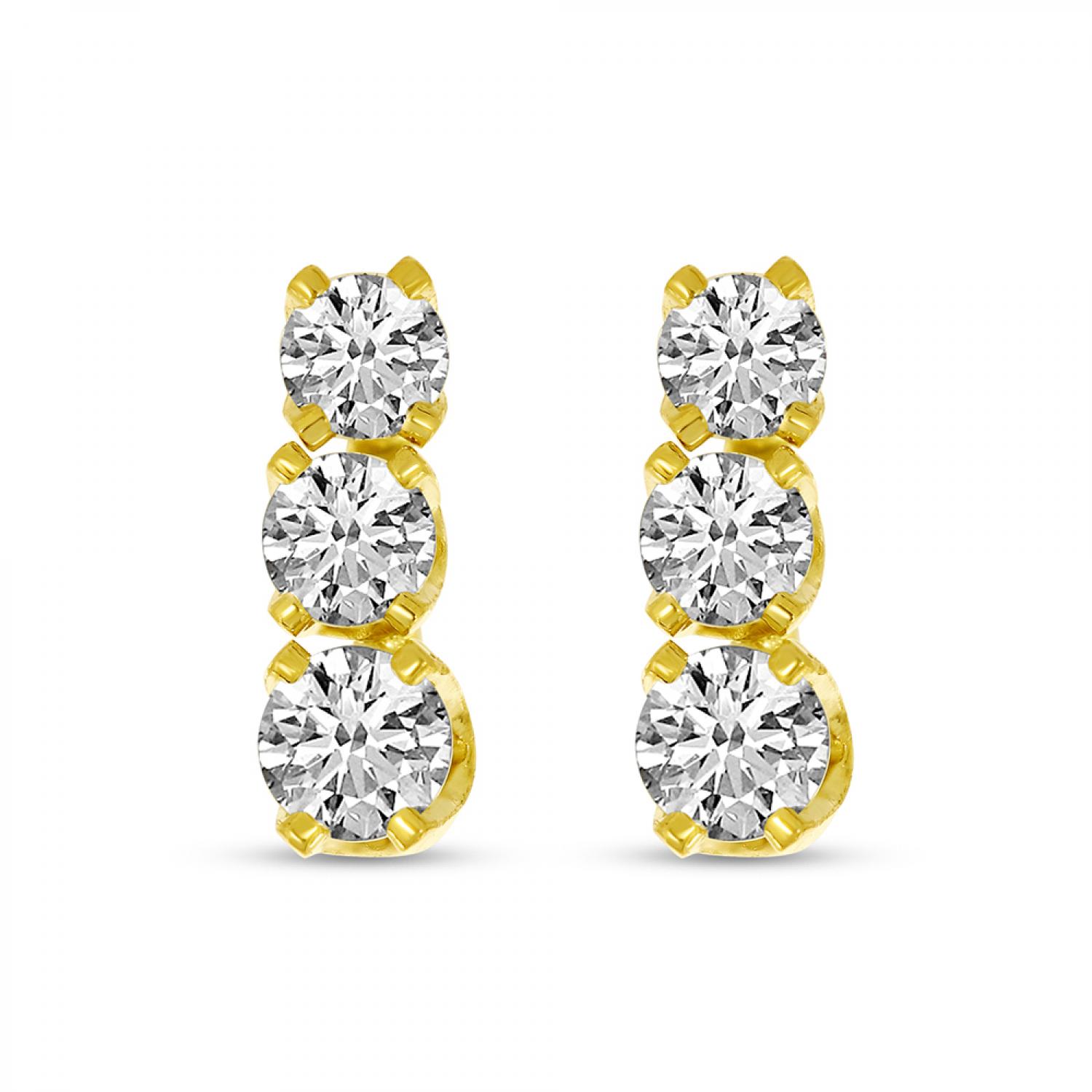 14k Yellow Gold Three Stone Diamond Studs