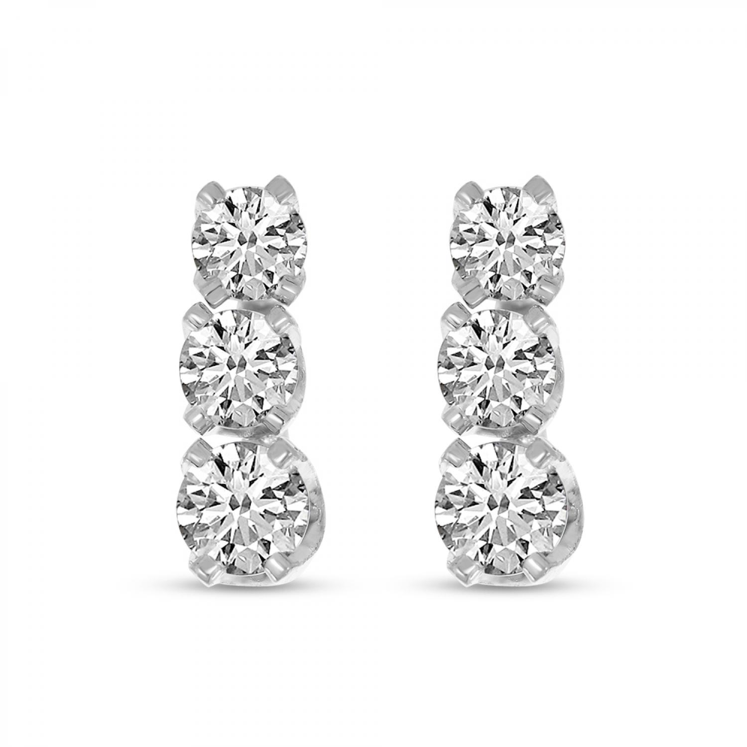 14k White Gold Three Stone Diamond Studs