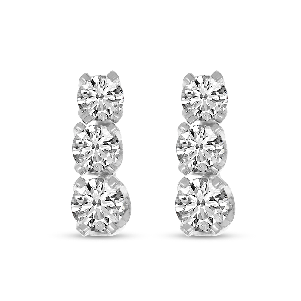 14k White Gold Three Stone Diamond Earrings