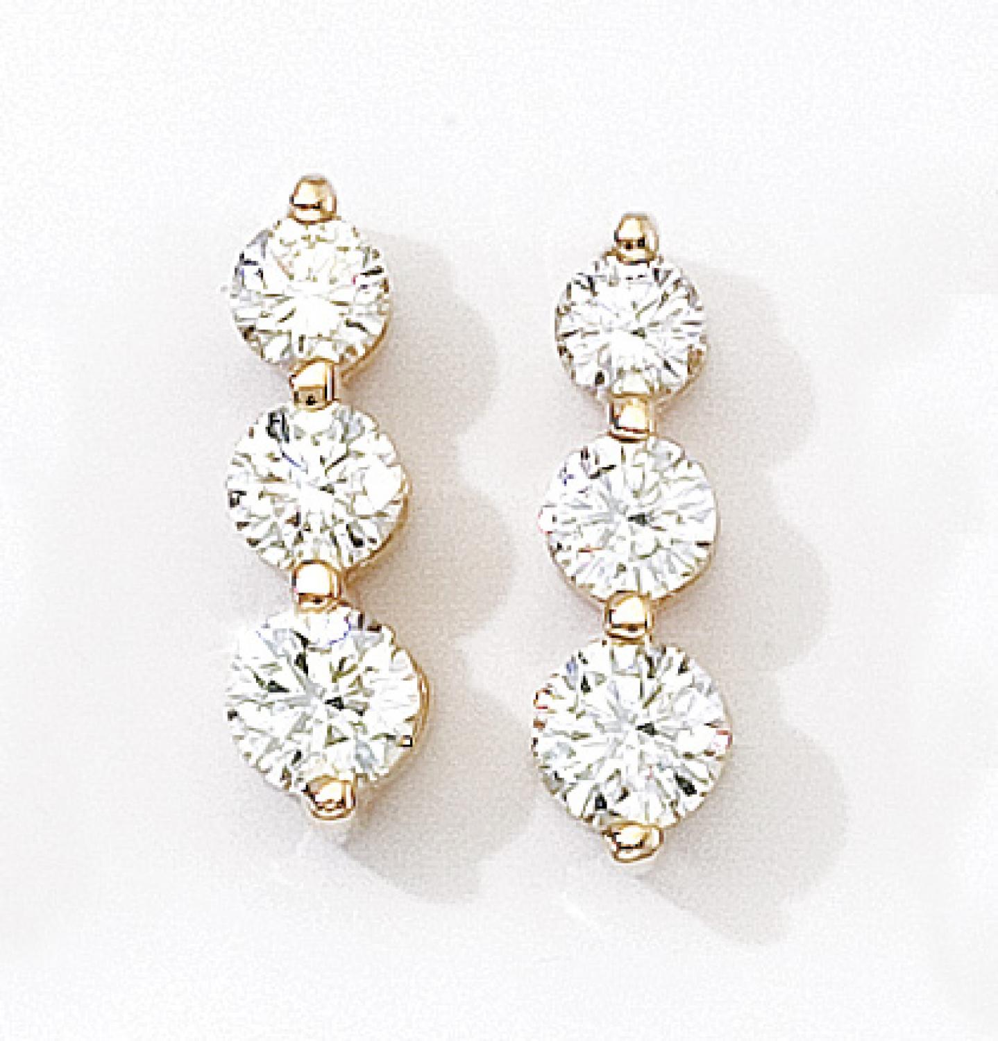 14K Yellow Gold 1.5 Ct Three Stone Diamond Earrings